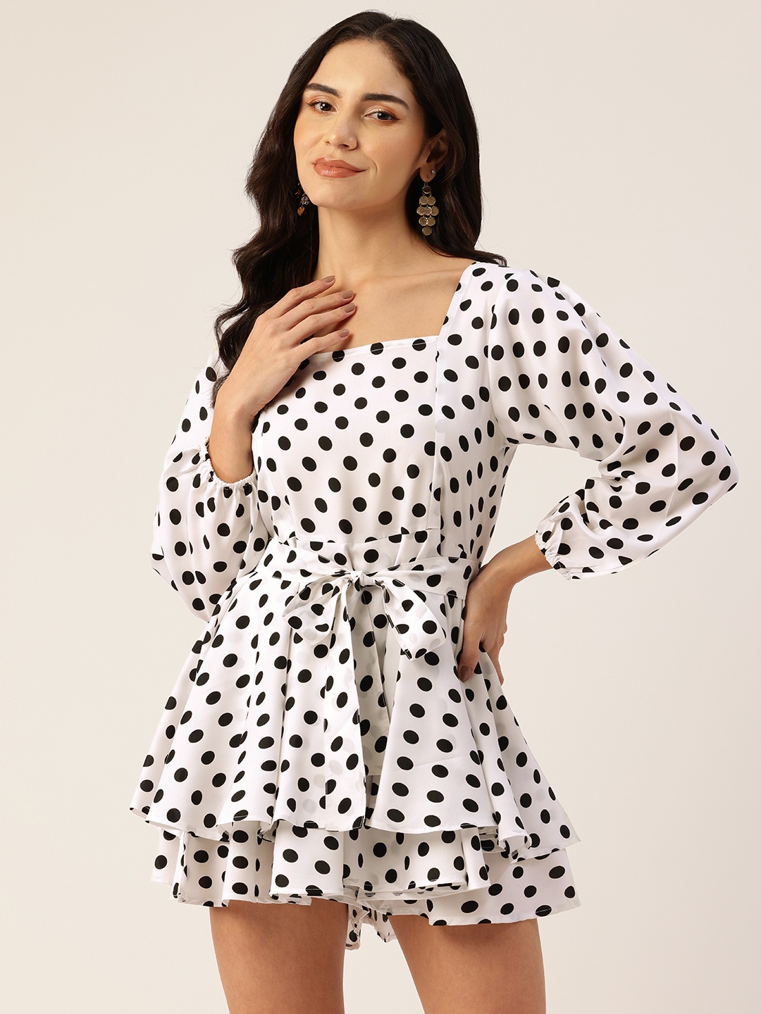 

Sleek Italia Polka Dots Printed Square Neck Layered Playsuit, White