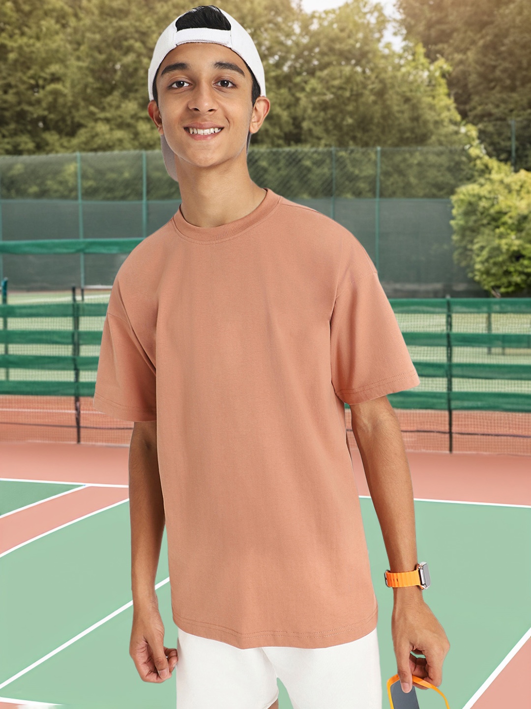 

VEIRDO Boys Solid Round Neck Pure Cotton Oversized Tshirt, Brown