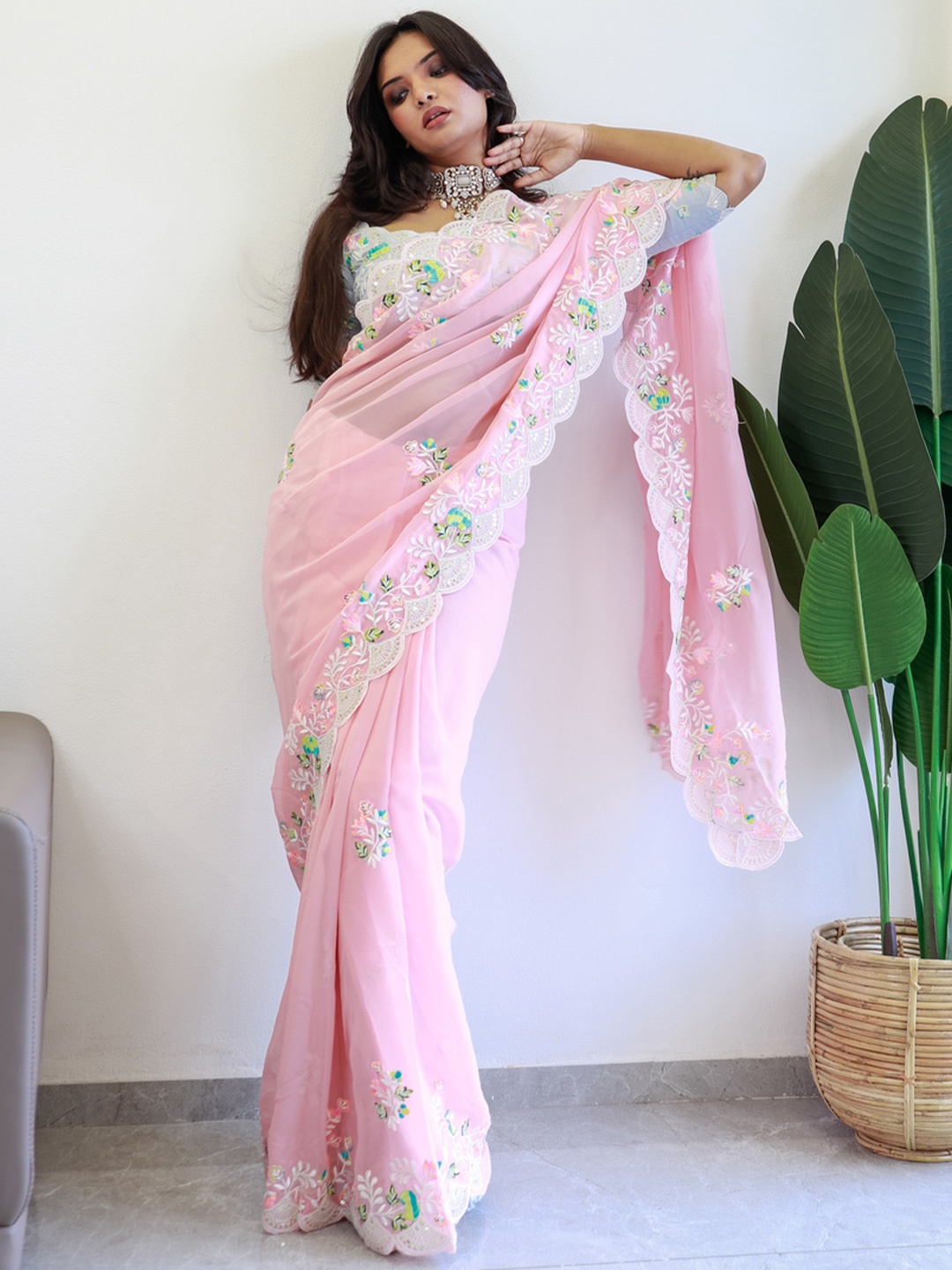 

HERE&NOW Ethnic motifs Sequinned Pure Georgette Saree, Pink