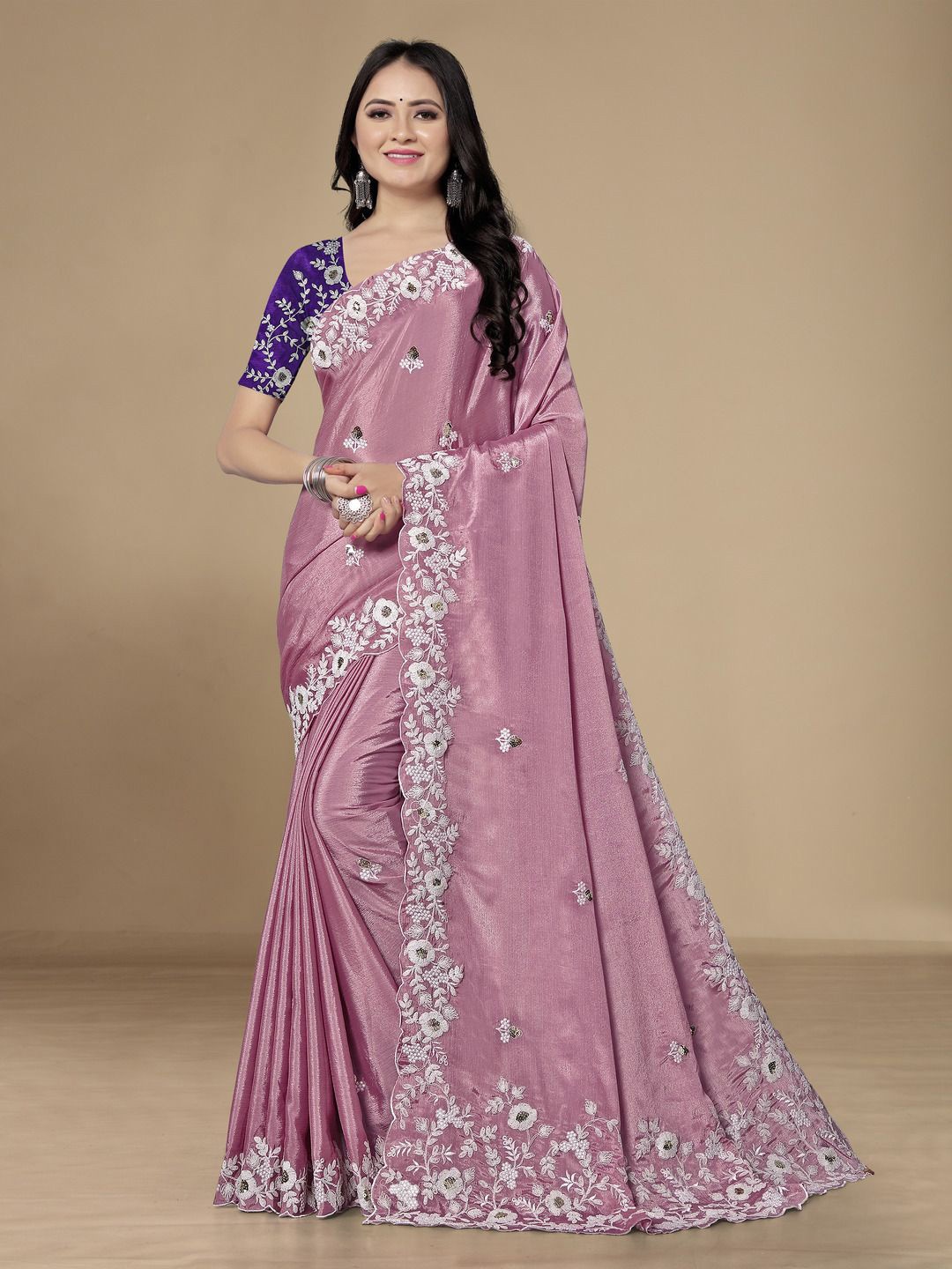 

HERE&NOW Floral Embroidered Pure Silk Saree, Peach