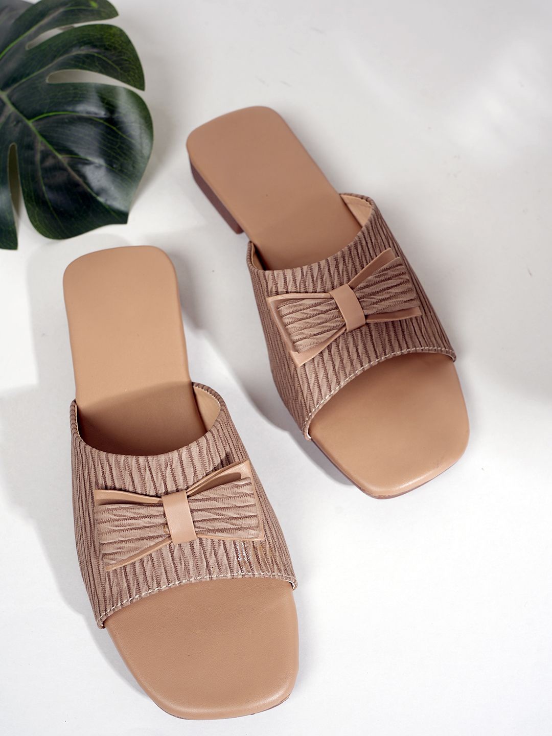 

SAPATOS Women Striped Open Toe Flats with Bows, Beige