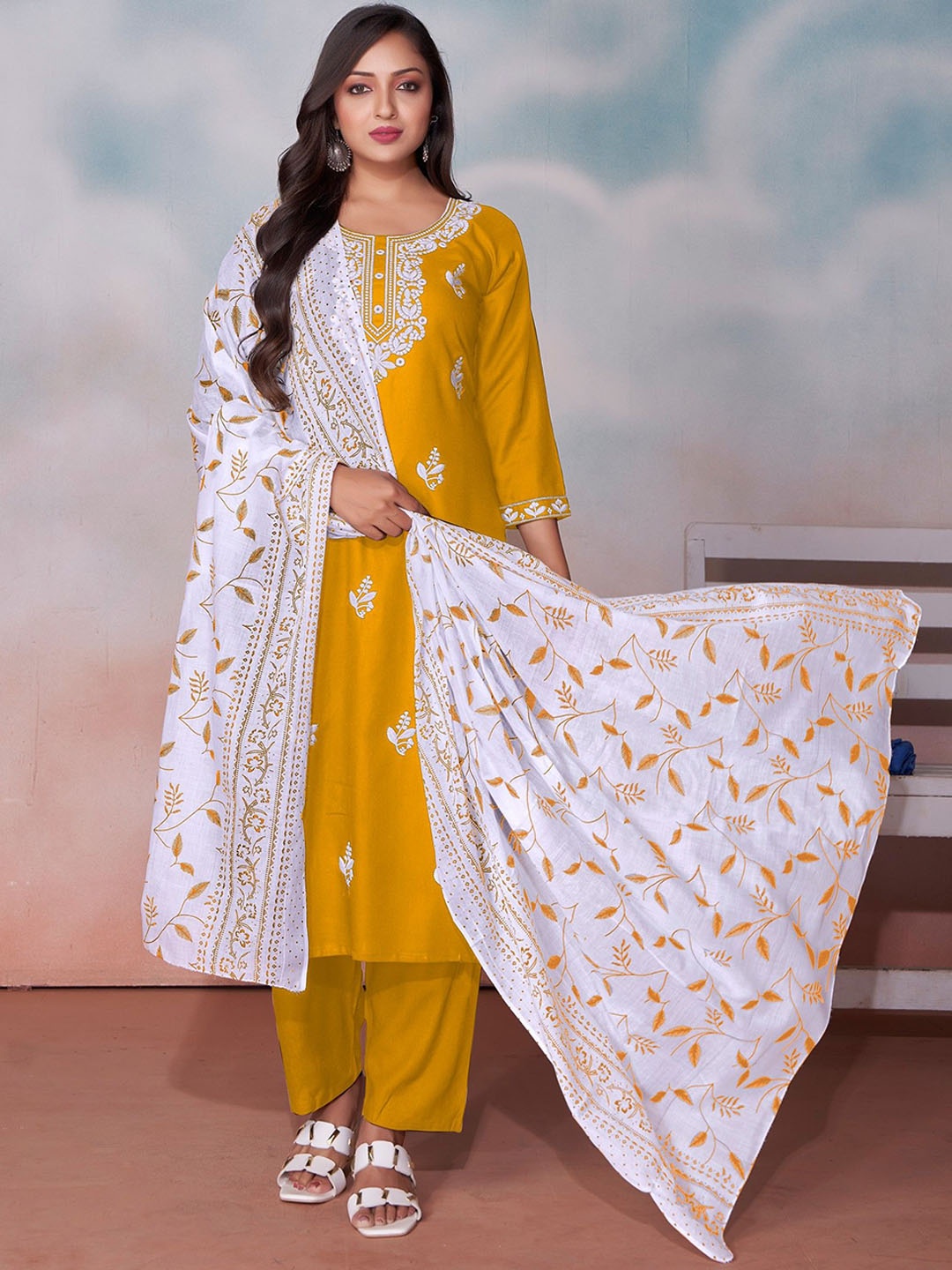 Label Khoj Floral Embroidered Regular Thread Work Kurta with Trousers & Dupatta, Yellow