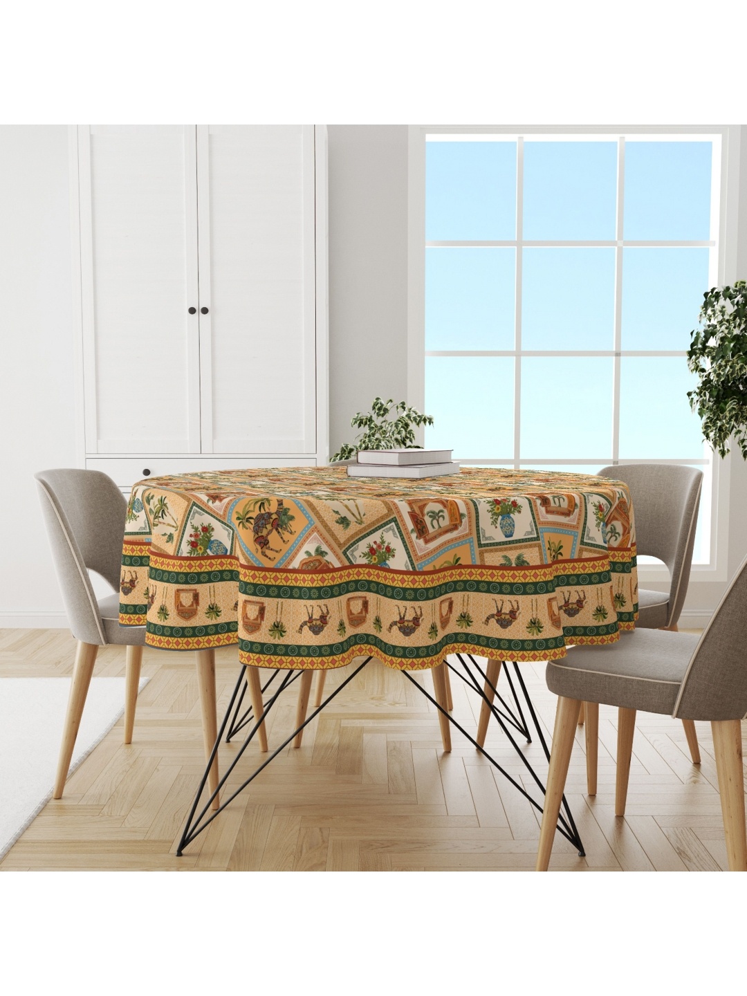 

Astitva Beige & Green Anti Slip Cotton Round 4 Seater Table Cover