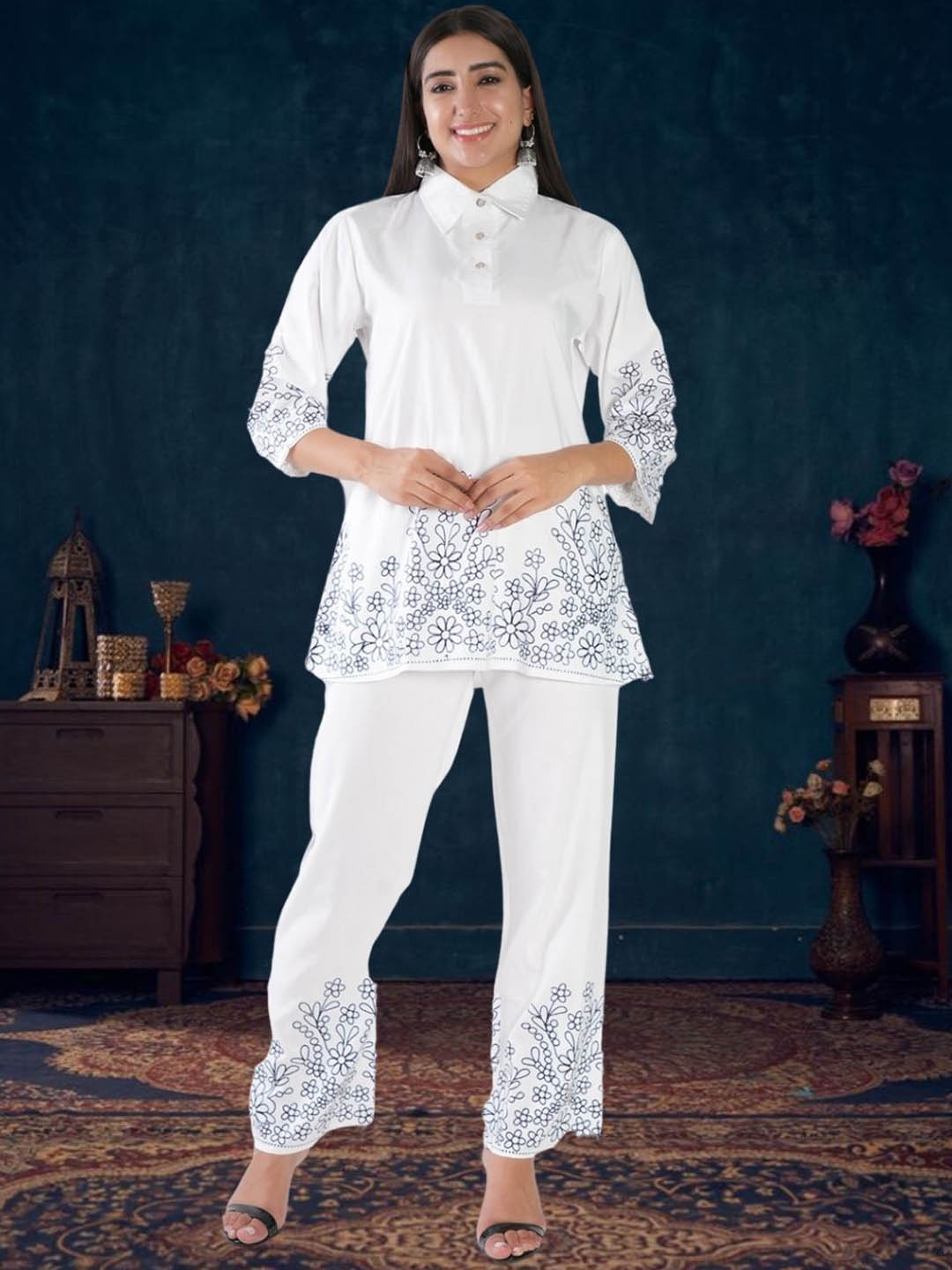 

BAESD Printed Shirt Collar Top & Trousers, White