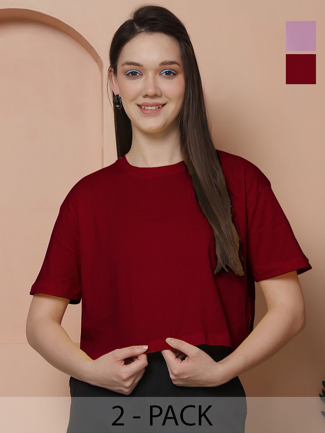 

Friskers Women Pack Of 2 Solid Round Neck Cotton Oversized T-Shirt, Maroon