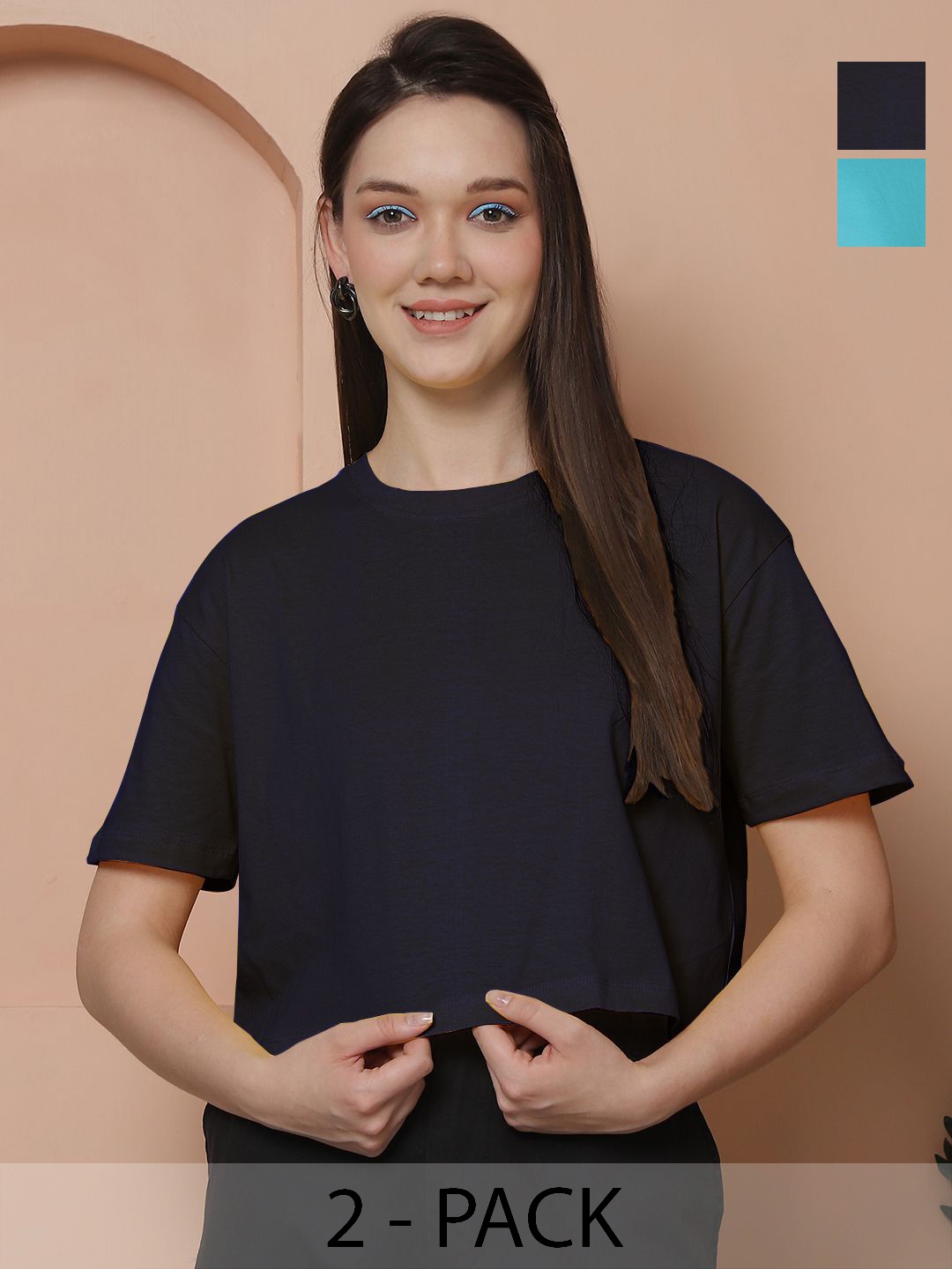 

Friskers Women Pack Of 2 Solid Round Neck Cotton Oversized T-Shirt, Navy blue