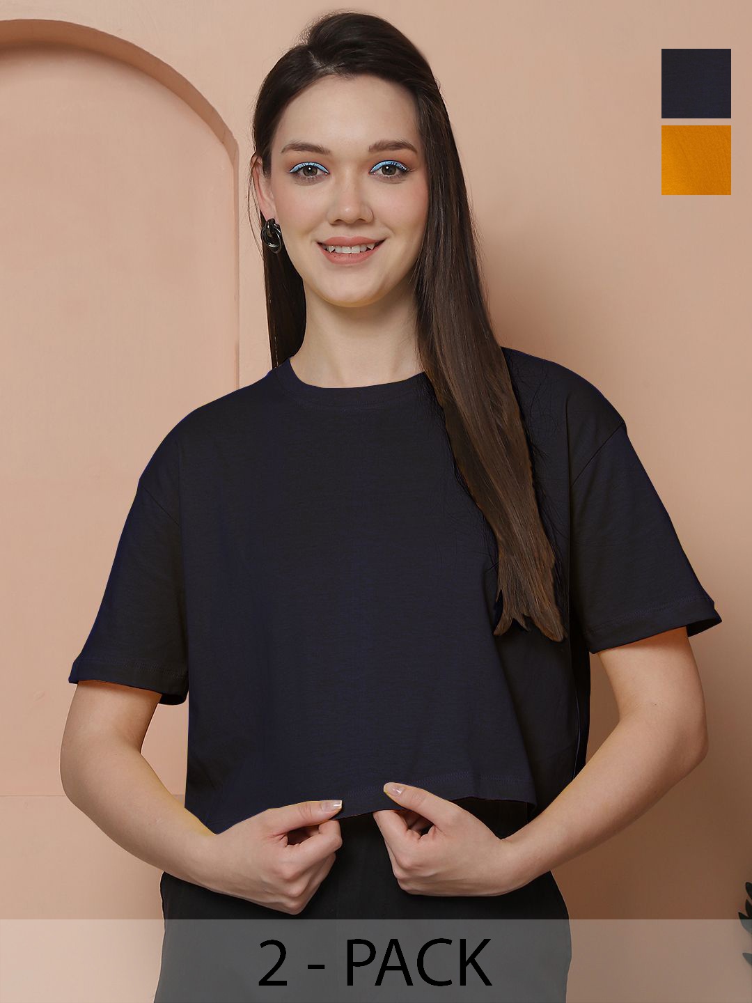 

Friskers Women Pack Of 2 Solid Round Neck Cotton Oversized T-Shirt, Navy blue