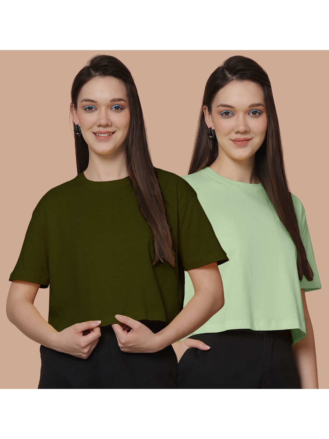 

Friskers Women Pack Of 2 Solid Round Neck Cotton Oversized T-Shirt, Sea green