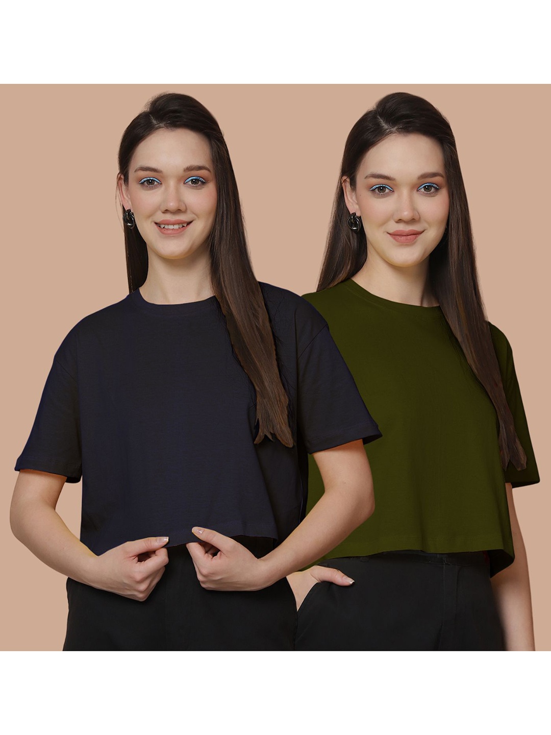 

Friskers Women Pack Of 2 Solid Round Neck Cotton Oversized T-Shirt, Navy blue