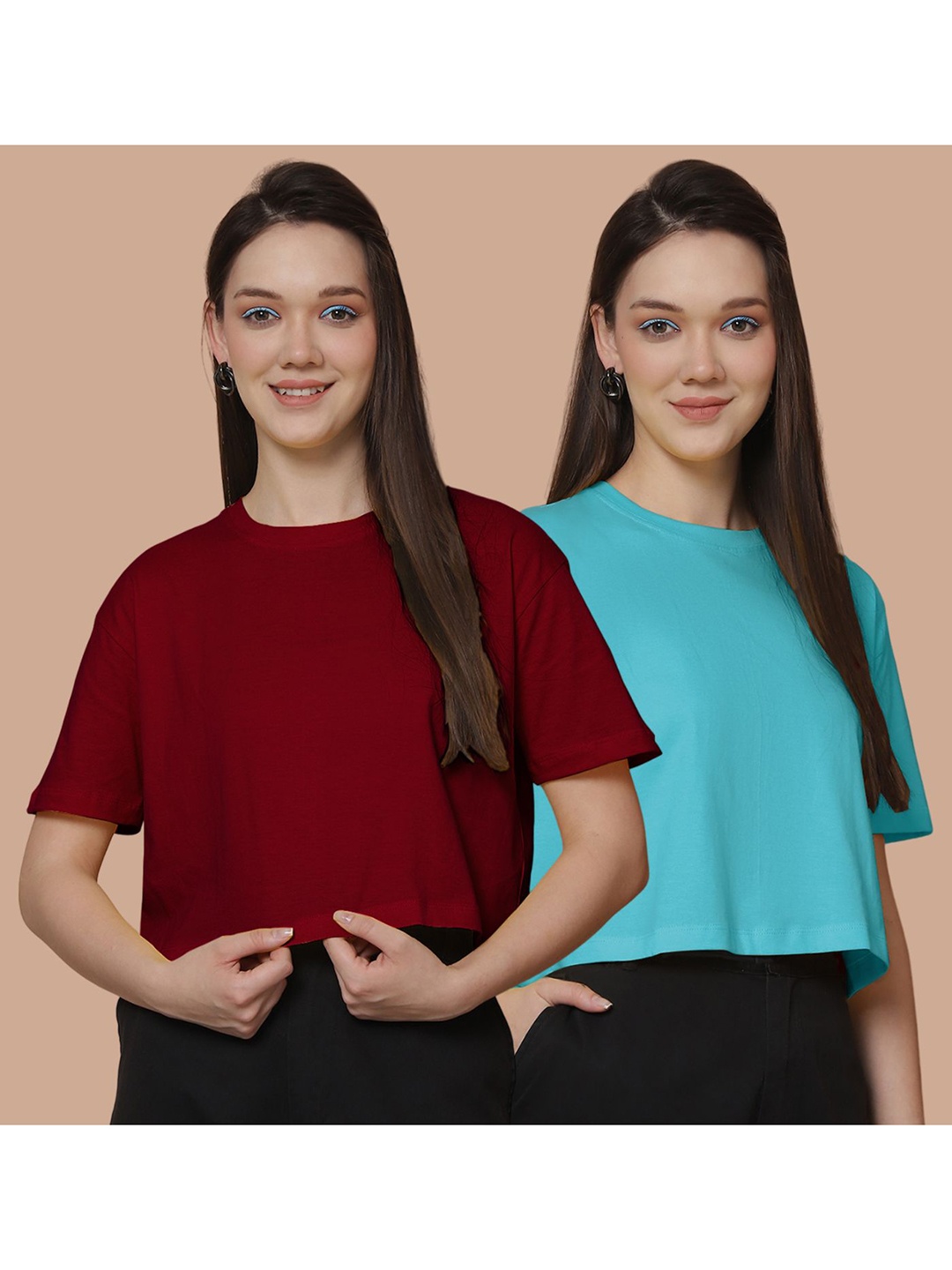 

Friskers Pack Of 2 Women Round Neck Drop-Shoulder Sleeves Oversized T-shirt, Maroon