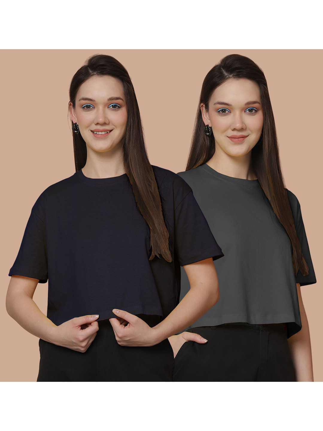 

Friskers Women Pack Of 2 Solid Round Neck Cotton Oversized T-Shirt, Navy blue