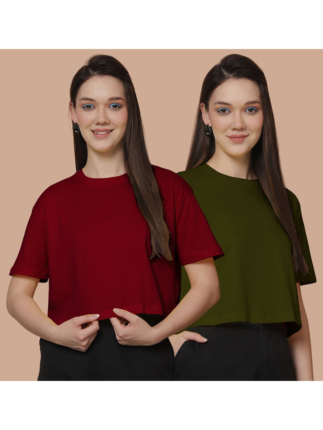 

Friskers Women Pack Of 2 Solid Round Neck Cotton Oversized T-Shirt, Maroon