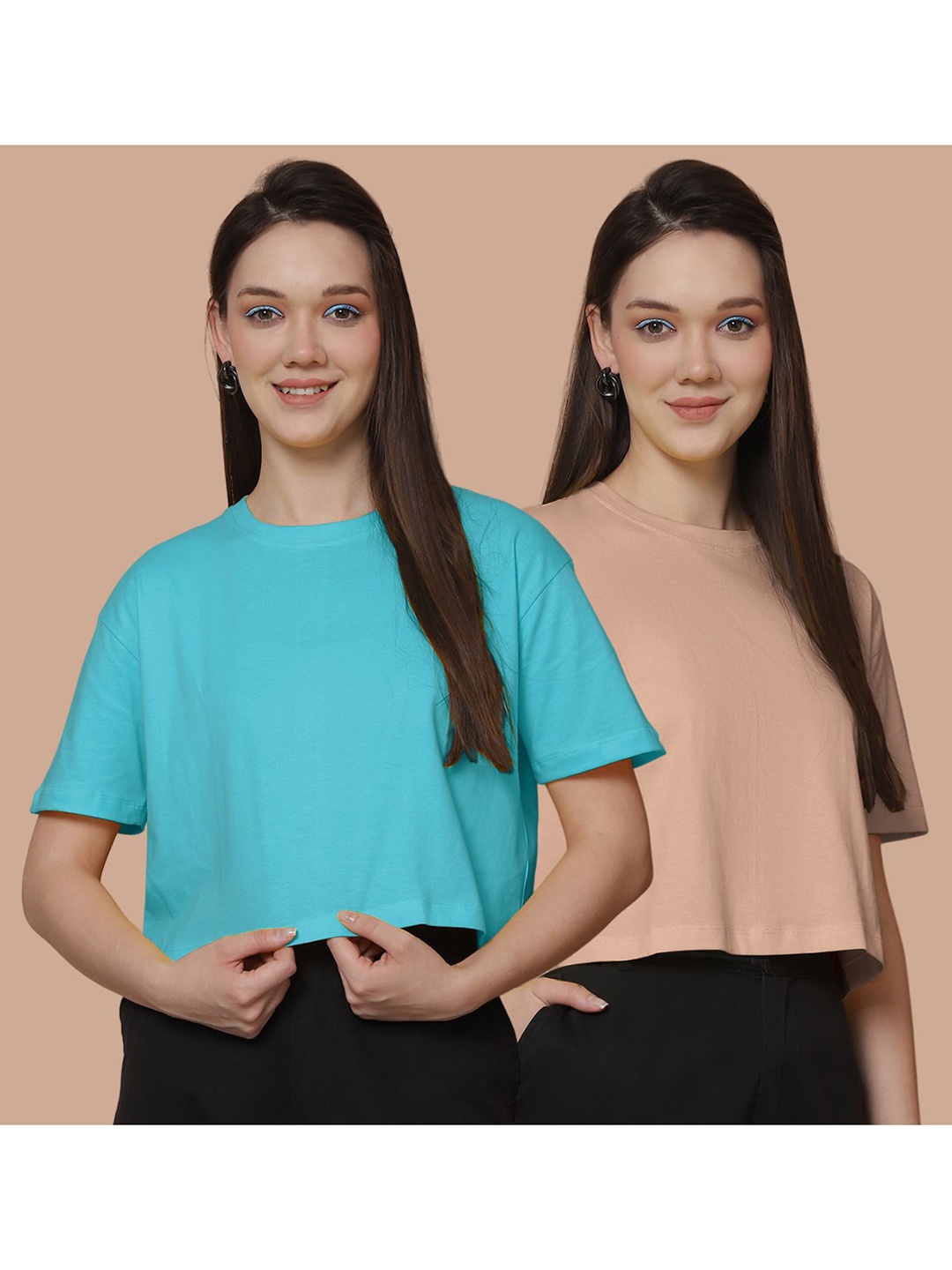 

Friskers Women Pack Of 2 Solid Round Neck Cotton Oversized T-Shirt, Turquoise blue