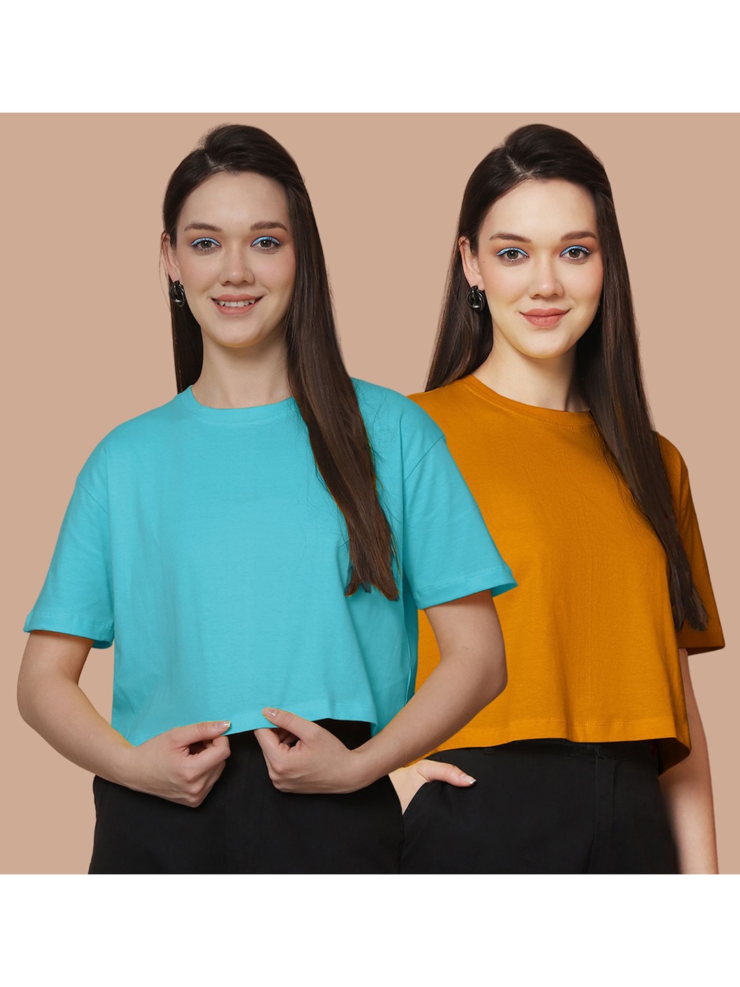 

Friskers Women Pack Of 2 Solid Round Neck Cotton Oversized T-Shirt, Turquoise blue
