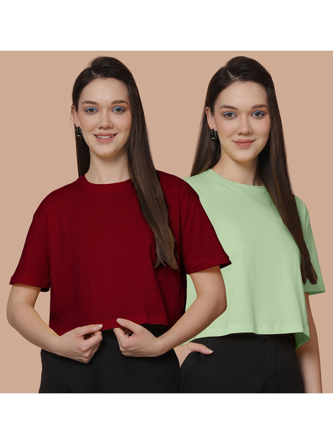 

Friskers Women Pack Of 2 Solid Round Neck Cotton Oversized T-Shirt, Maroon