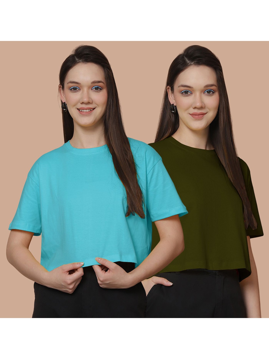 

Friskers Pack Of 2 Women Solid Drop-Shoulder Sleeves Oversized T-shirt, Turquoise blue