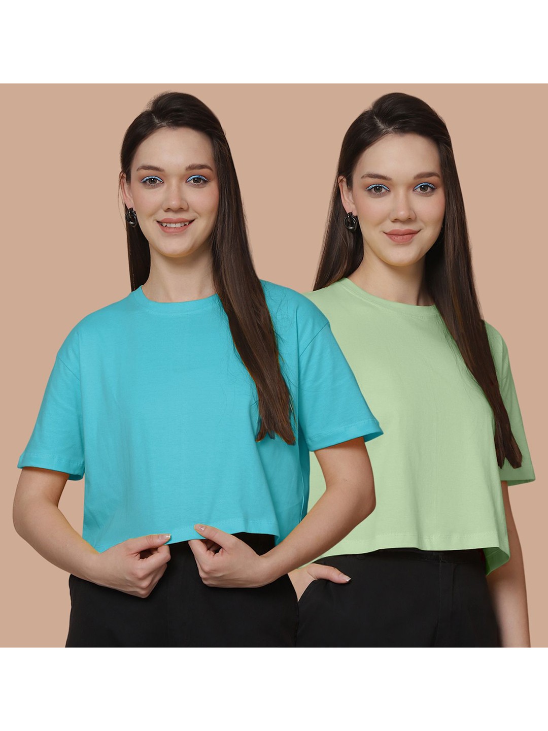 

Friskers Women Pack Of 2 Solid Round Neck Cotton Oversized T-Shirt, Turquoise blue