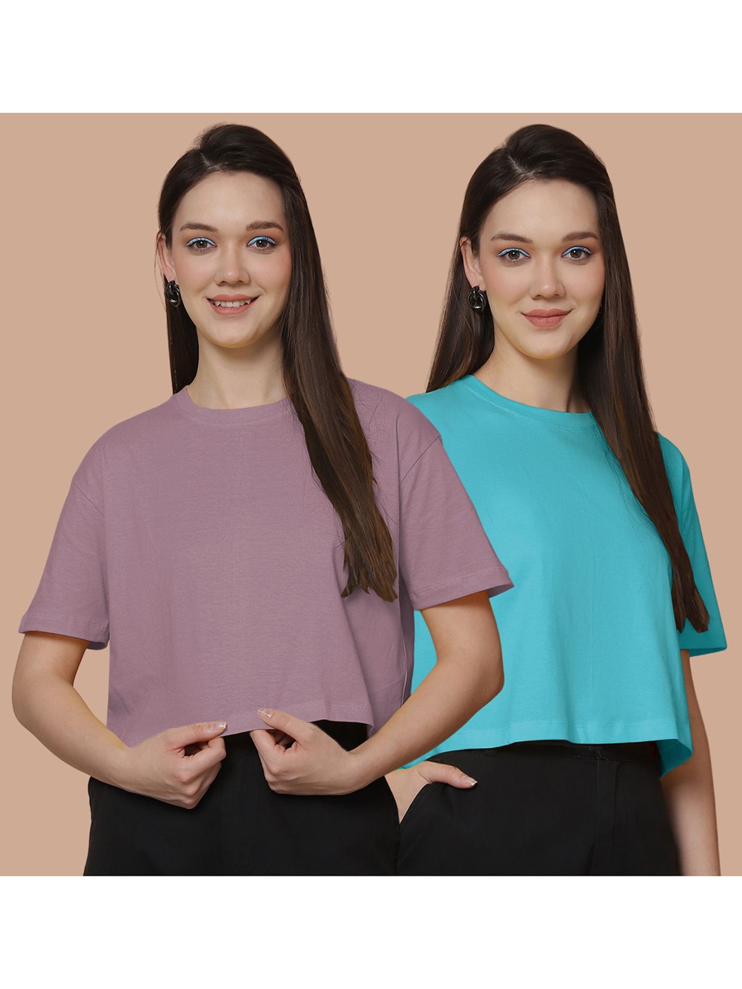 

Friskers Women Pack Of 2 Solid Round Neck Cotton Oversized T-Shirt, Purple