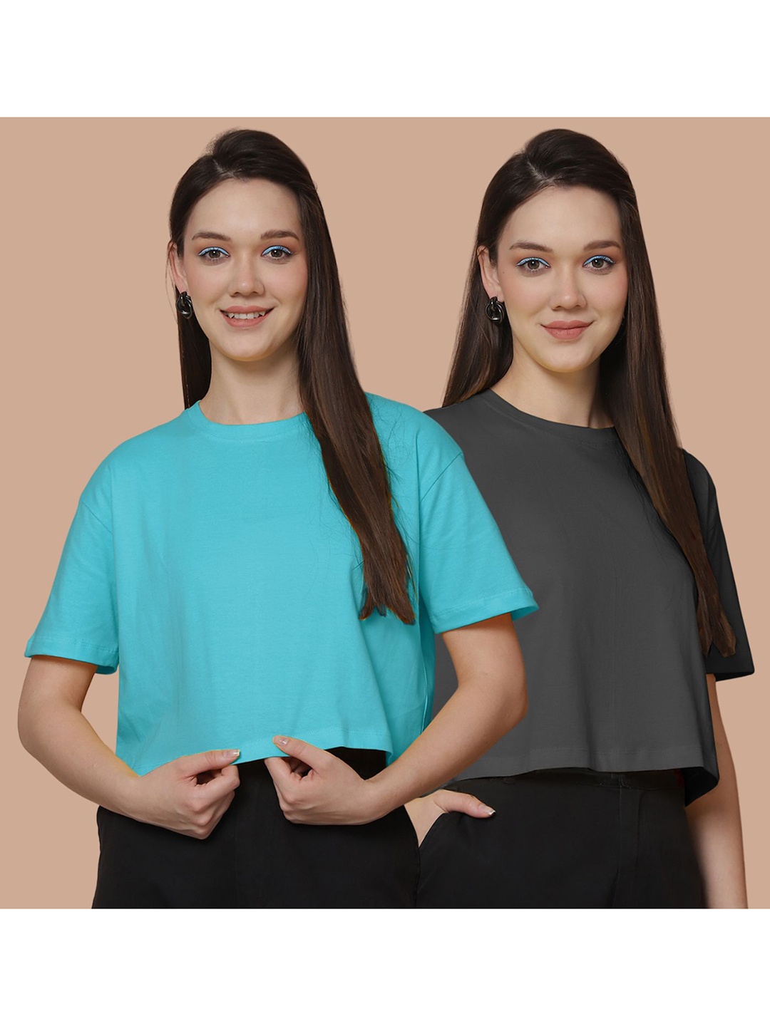 

Friskers Women Pack Of 2 Solid Round Neck Cotton Oversized T-Shirt, Turquoise blue
