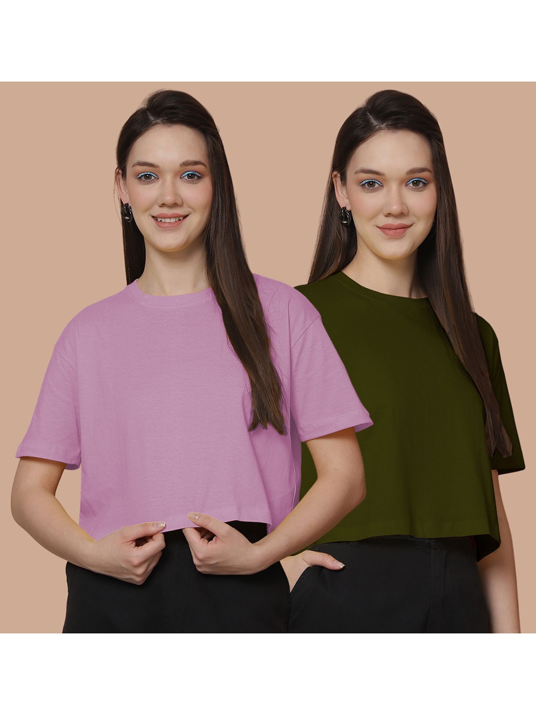 

Friskers Women Pack Of 2 Solid Round Neck Cotton Oversized T-Shirt, Purple
