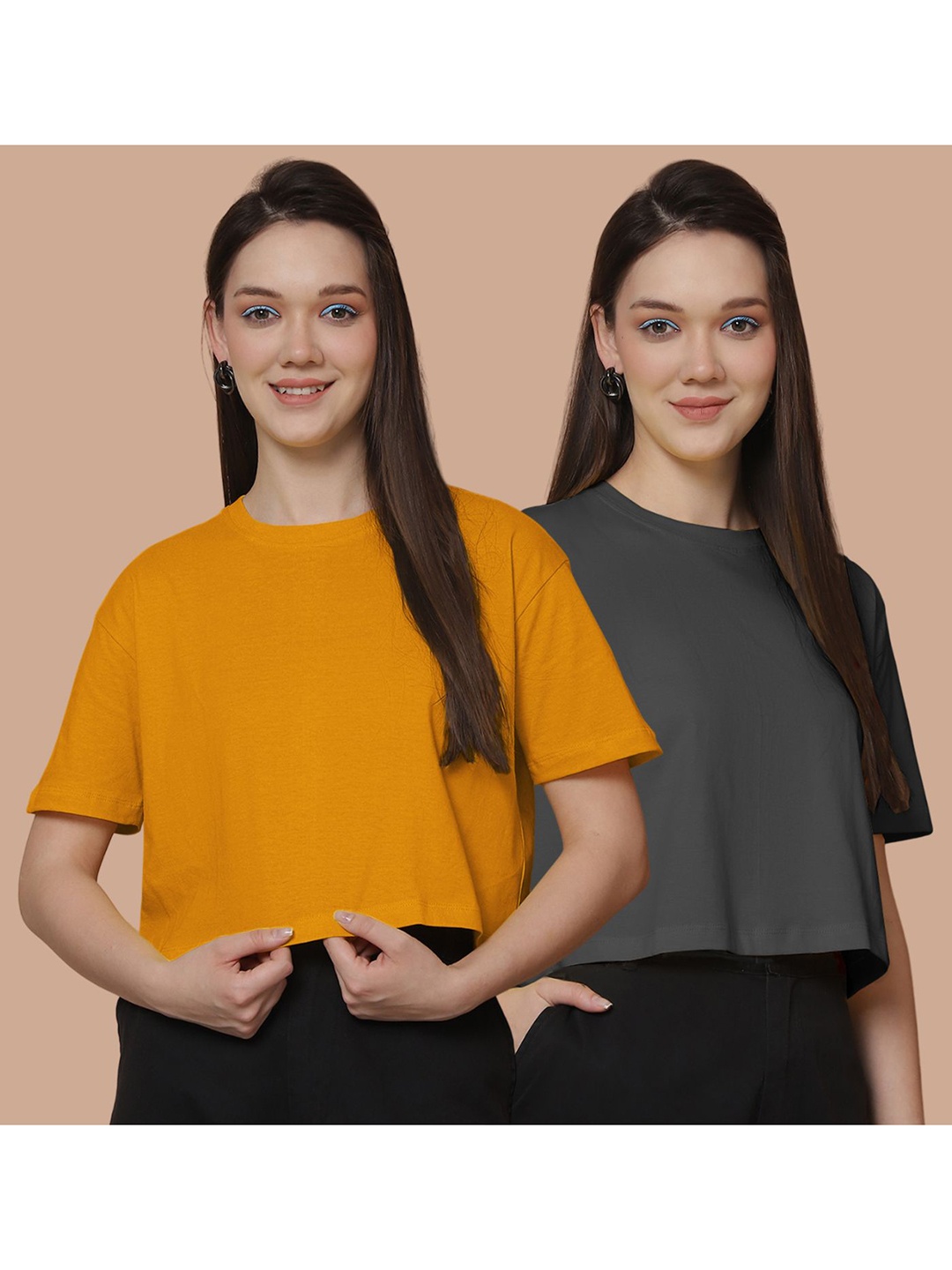 

Friskers Women Pack Of 2 Solid Round Neck Cotton Oversized T-Shirt, Mustard