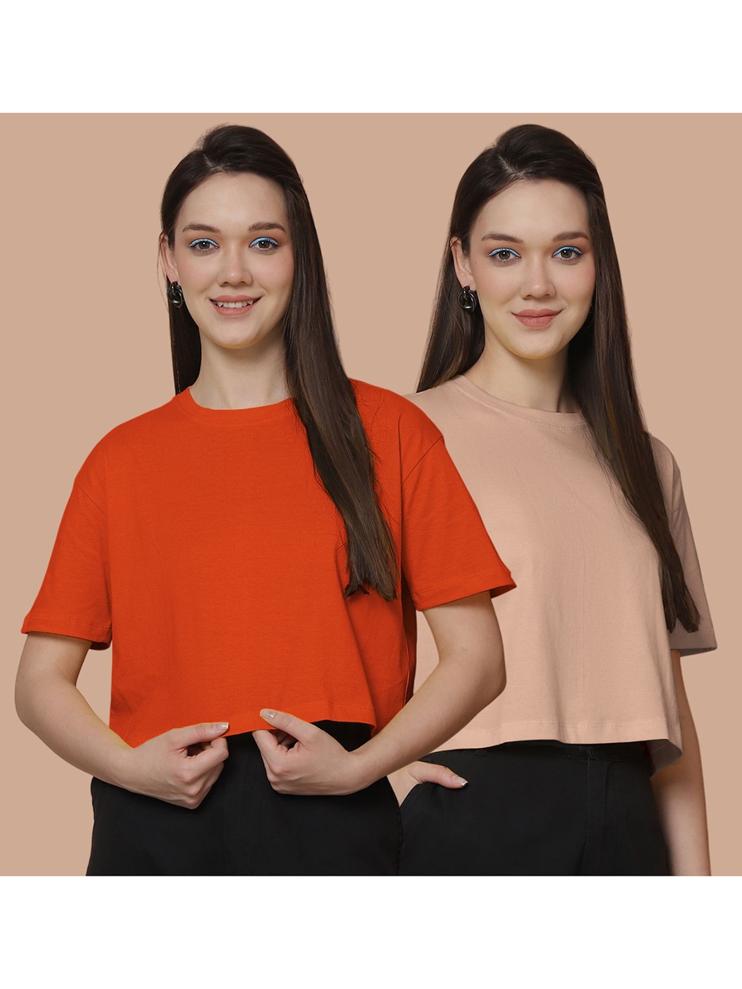 

Friskers Women Pack Of 2 Solid Round Neck Cotton Oversized T-Shirt, Orange