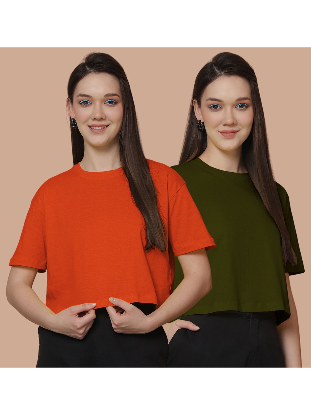

Friskers Women Pack Of 2 Solid Round Neck Cotton Oversized T-Shirt, Orange