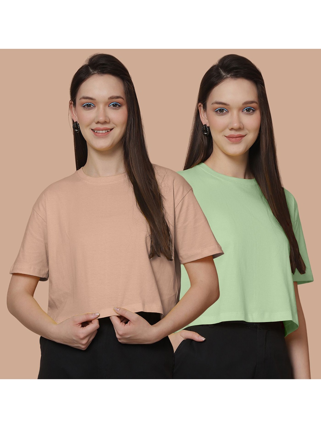 

Friskers Women Pack Of 2 Solid Round Neck Cotton Oversized T-Shirt, Coral