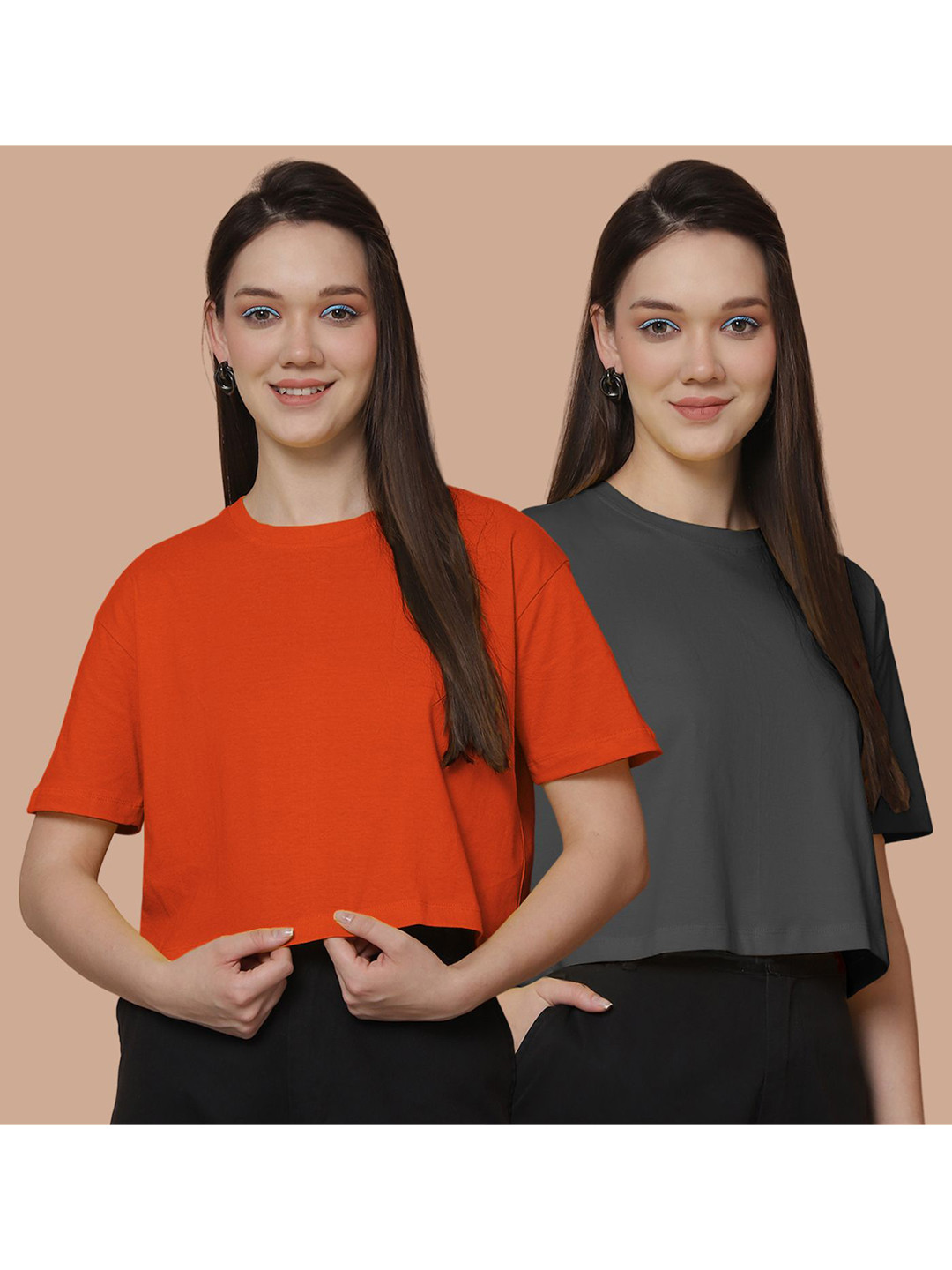 

Friskers Women Pack Of 2 Solid Round Neck Cotton Oversized T-Shirt, Orange