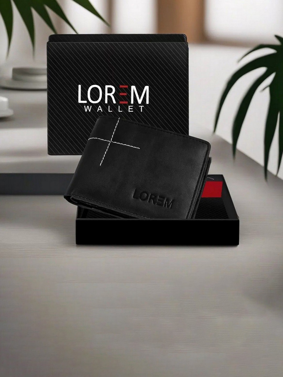 

LOREM Men Textered Leather Two Fold Wallet, Black