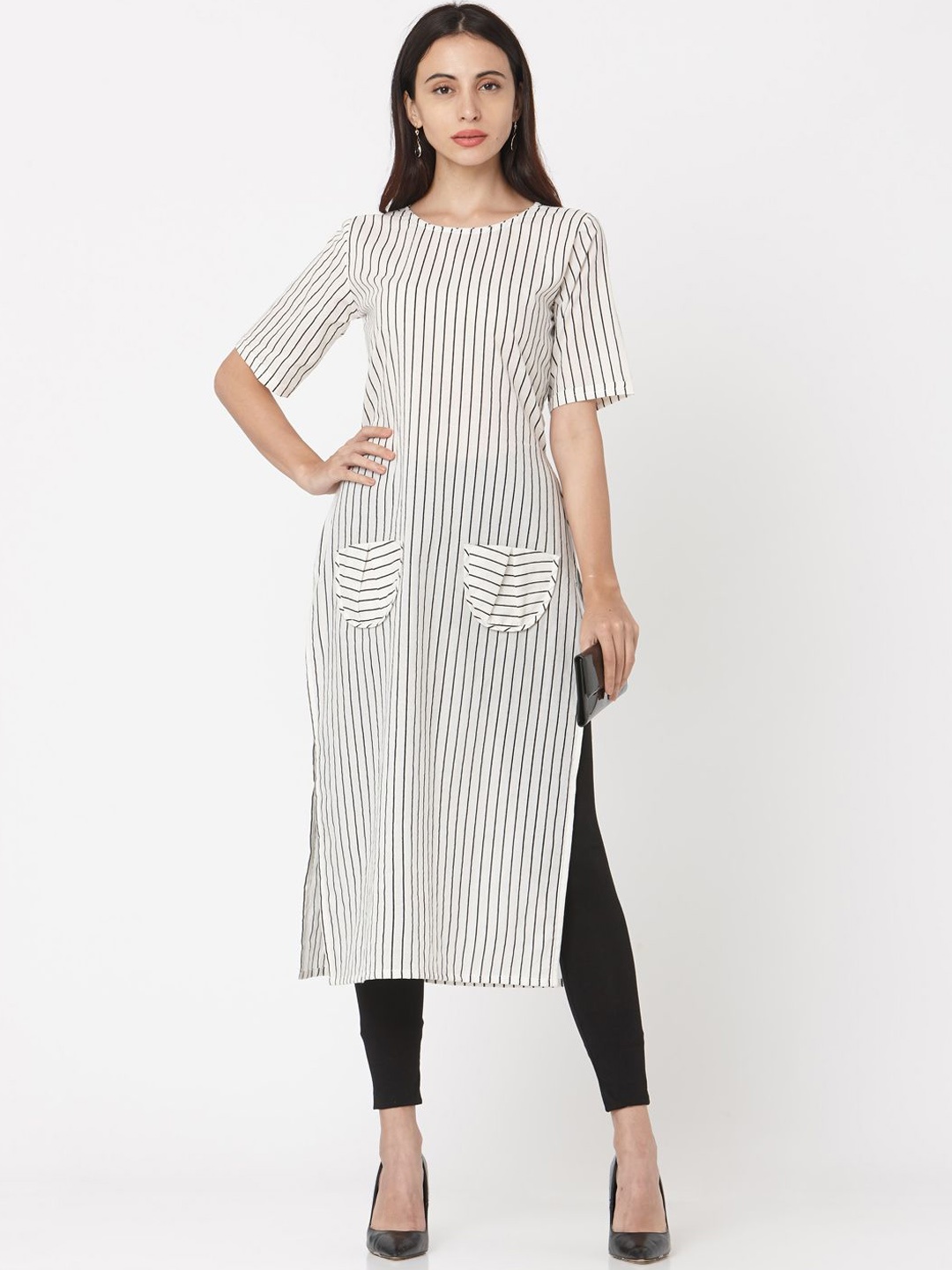 

KALINI Vertical Striped Round Neck Cotton Straight Kurta, White