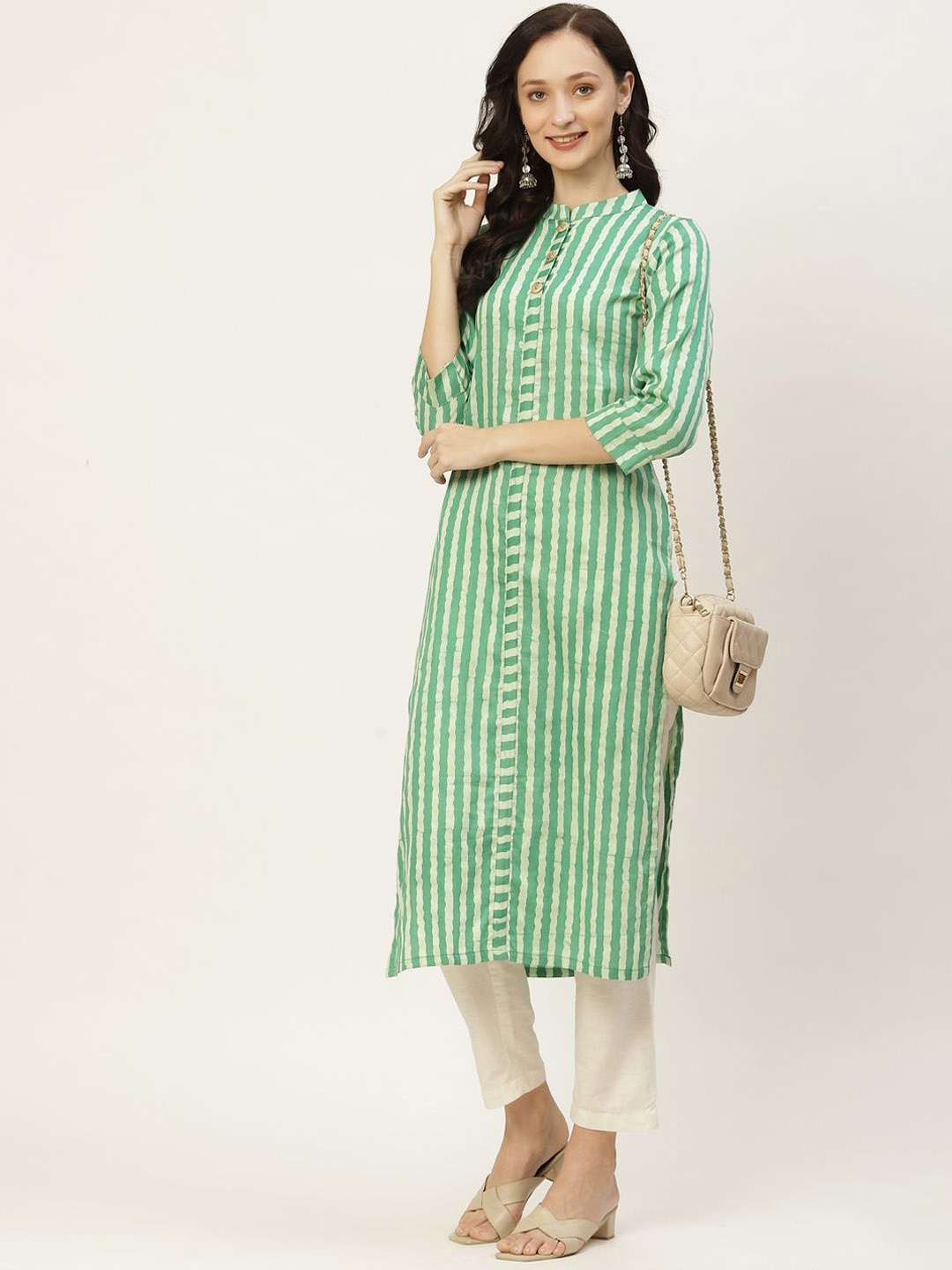 

KALINI Striped Mandarin Collar Cotton Straight Kurta, Green