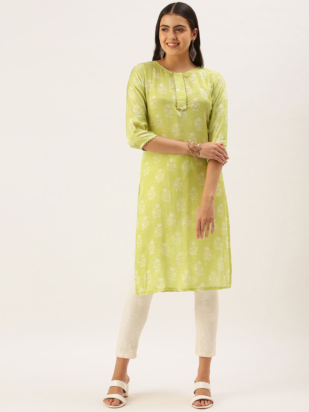 

KALINI Floral Printed Round Neck Sequinned Straight Kurta, Green