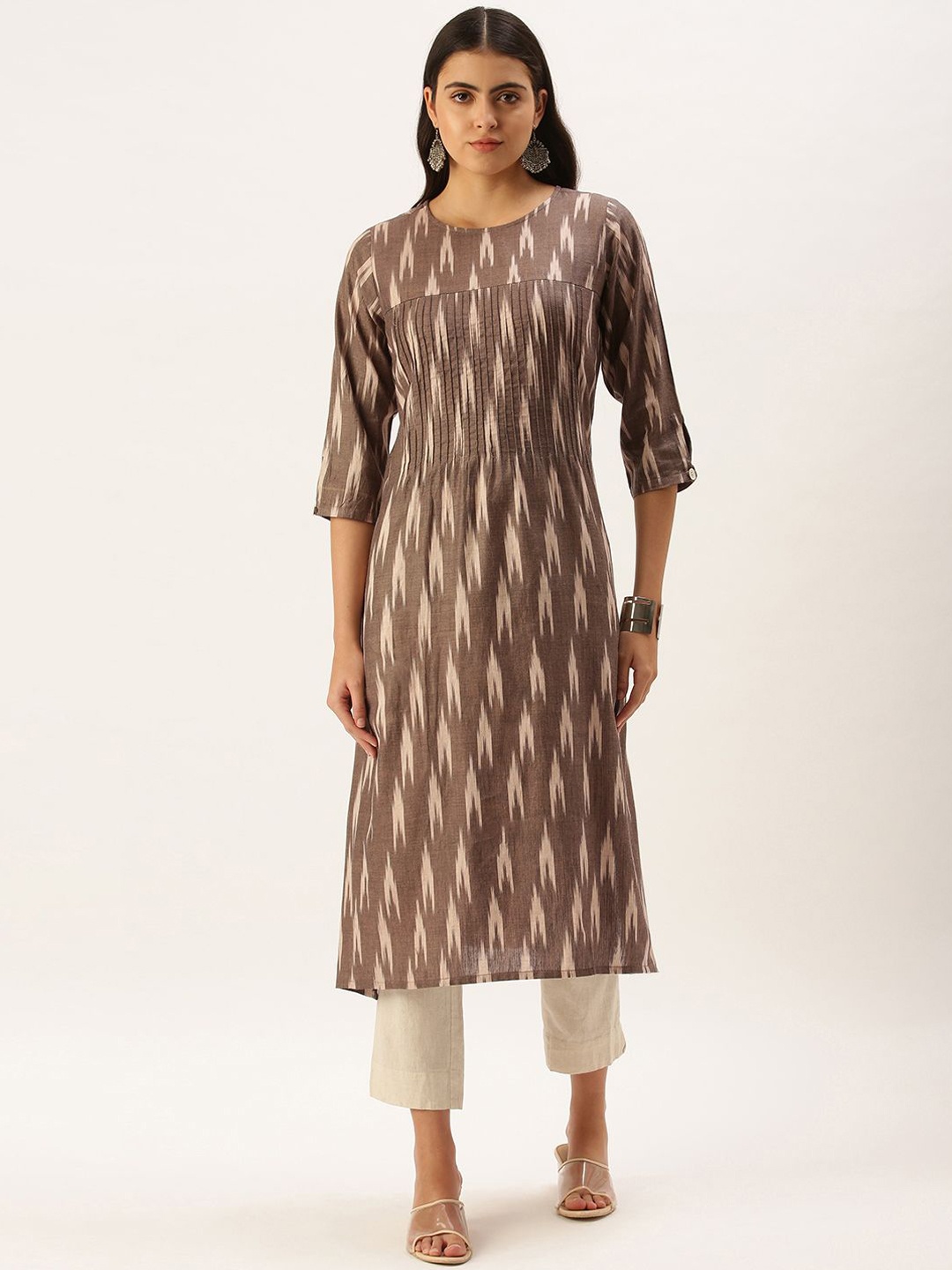 

KALINI Ikat Printed Round Neck Pleated Straight Kurta, Brown