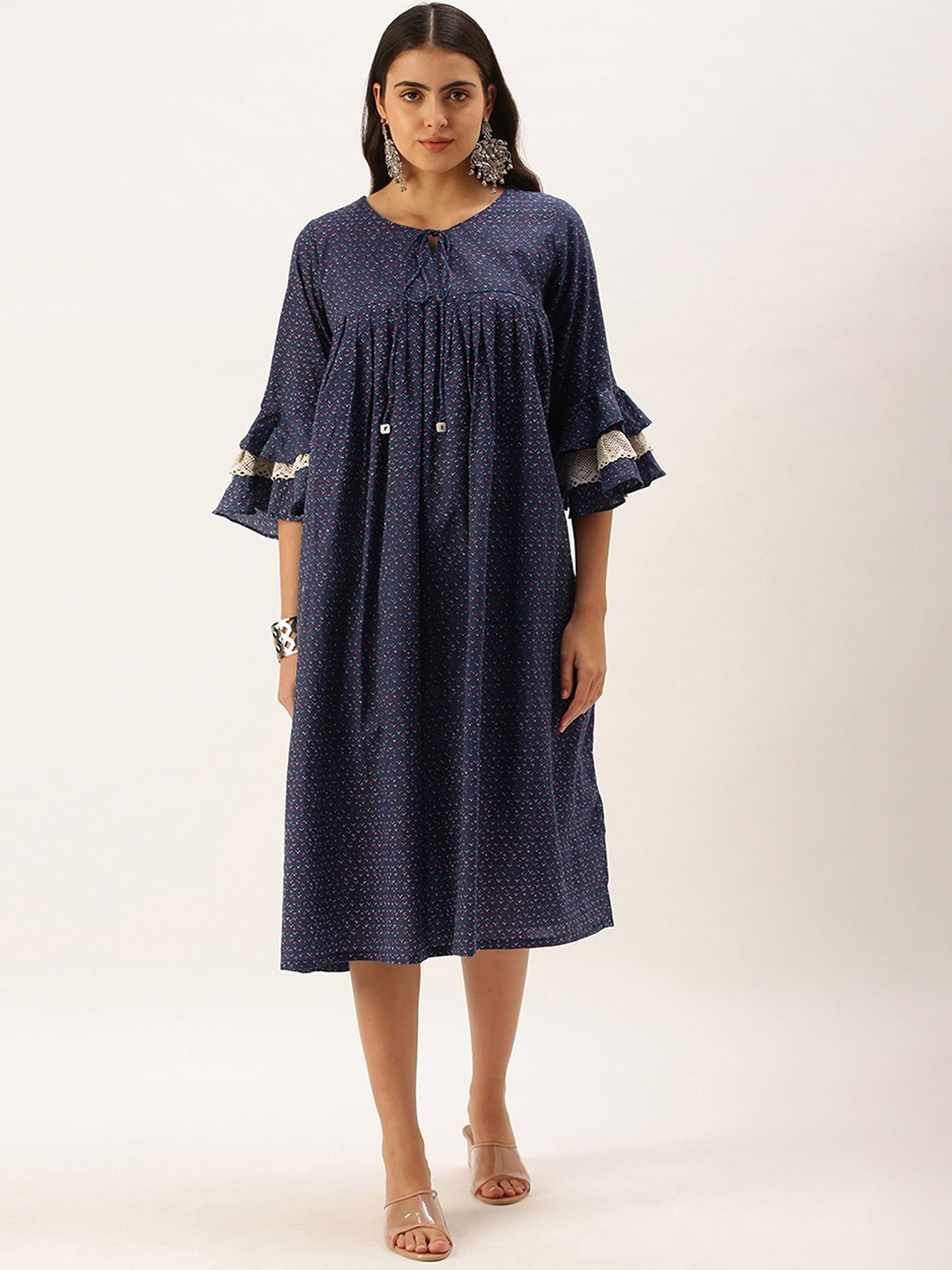 

KALINI Floral Printed Tie Up Neck A-line Midi Dress, Navy blue