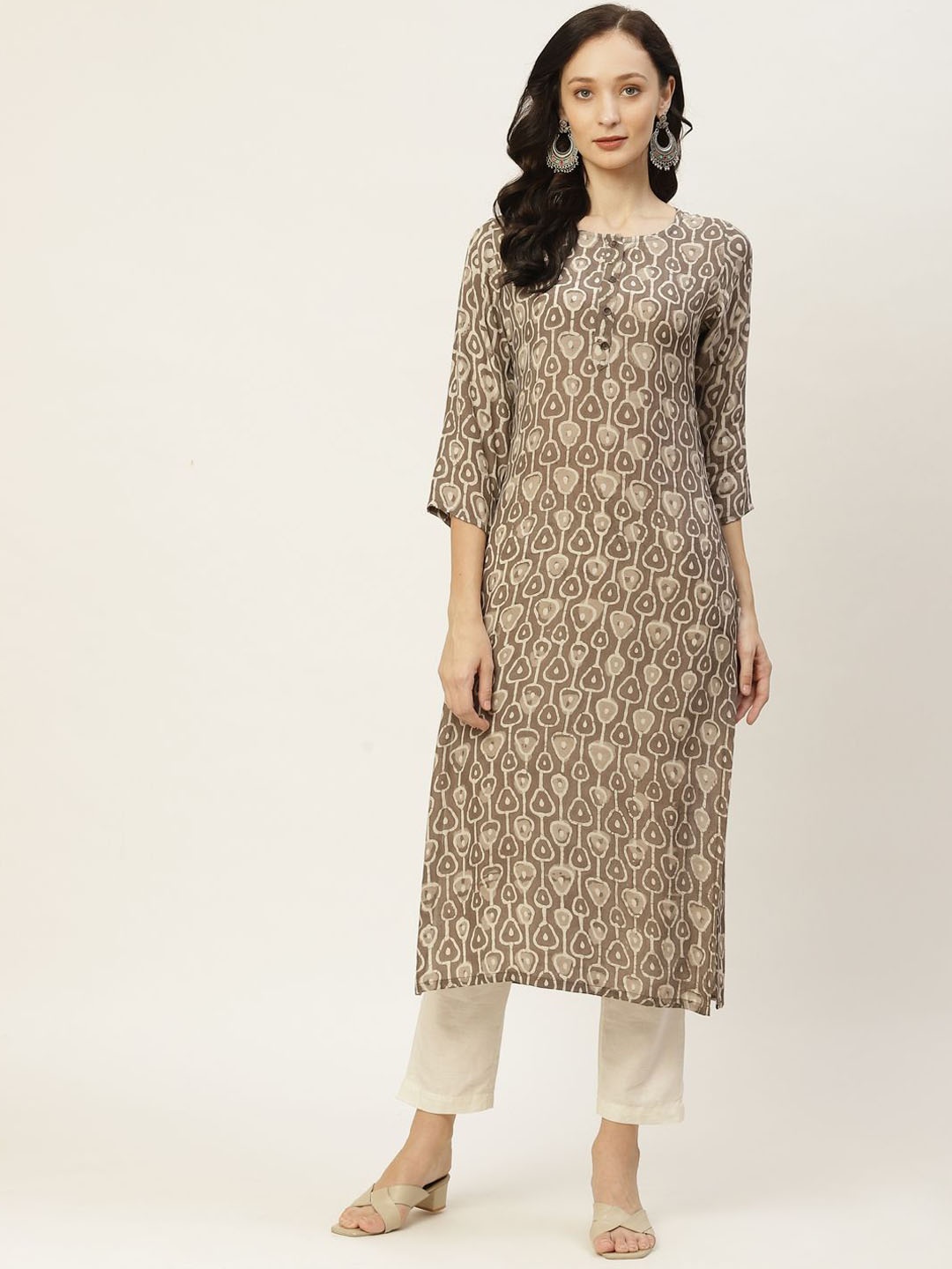 

KALINI Geometric Printed Round Neck Cotton Straight Kurta, Brown