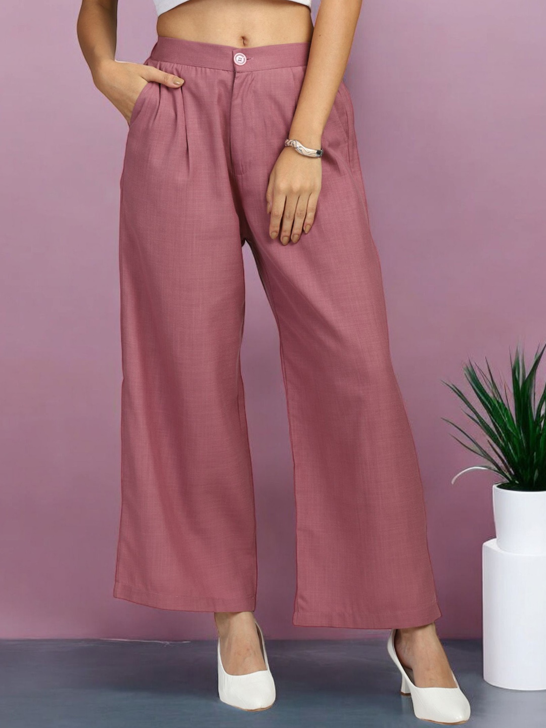 

FITHUB Women Straight Fit Cotton Mid-Rise Parallel Trousers, Maroon