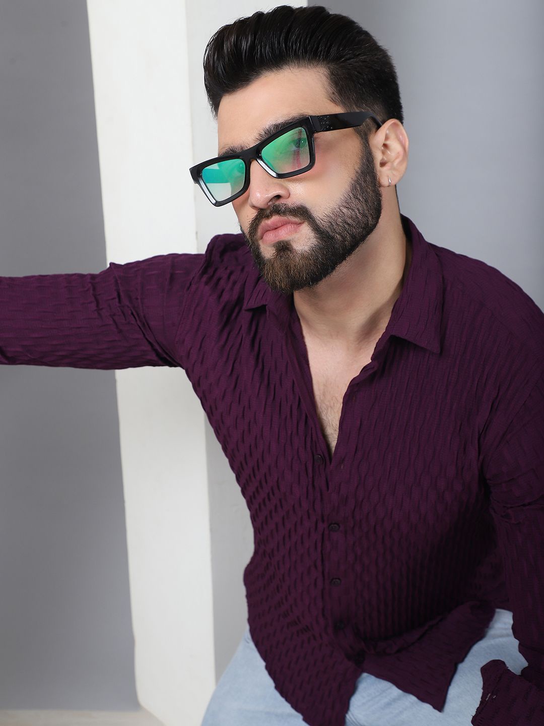 

Indian Needle Men Classic Woven Design Casual Shirt, Purple