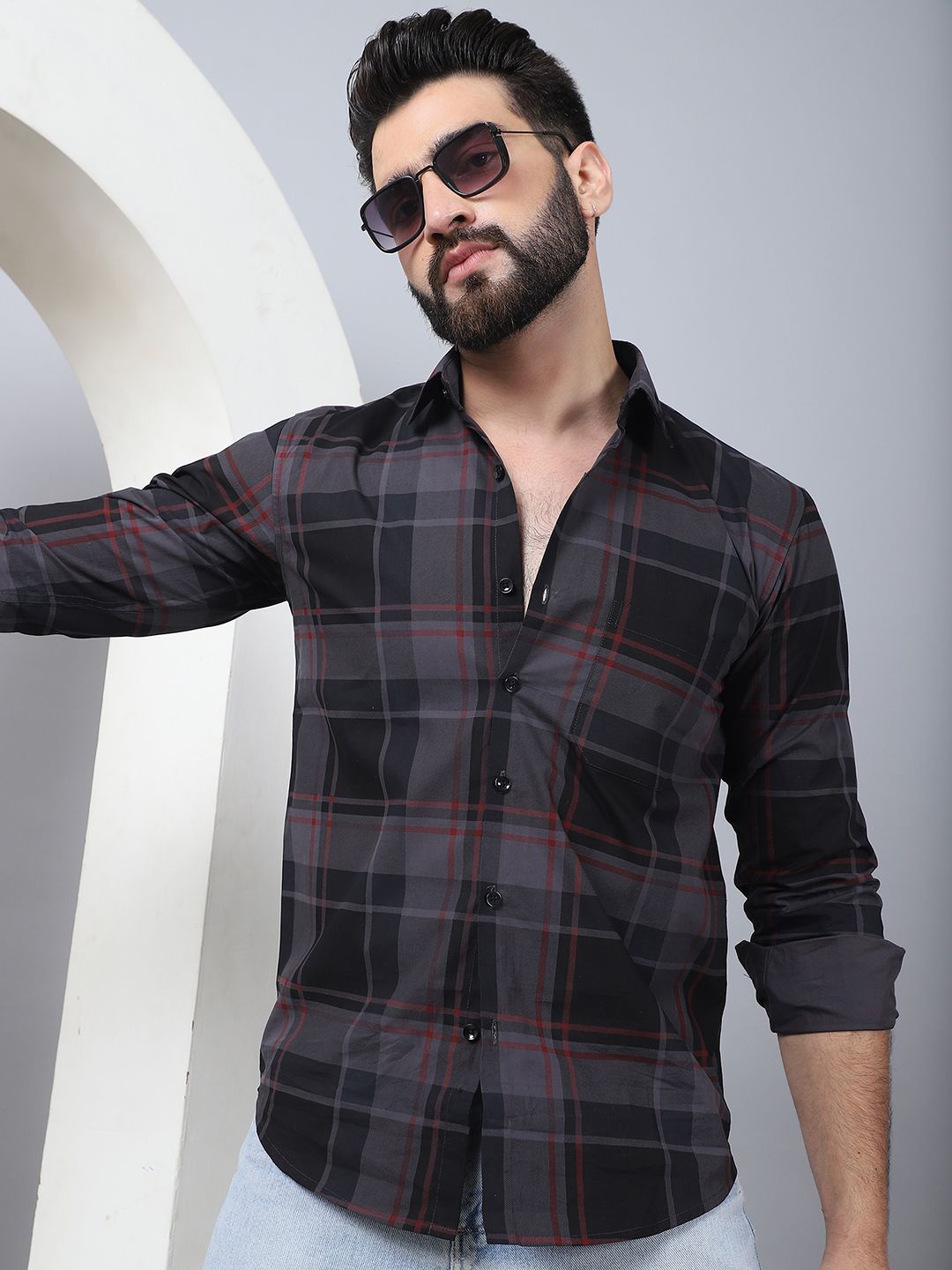

Indian Needle Men Tartan Checks Classic Opaque Checked Casual Shirt, Black