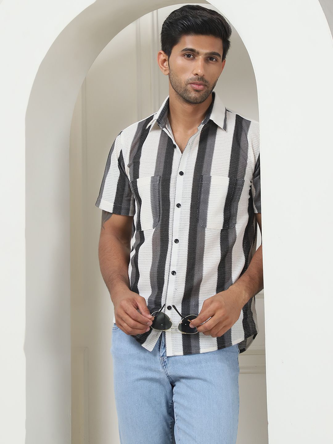 

Indian Needle Men Classic Opaque Striped Wrinkle Free Casual Shirt, Grey