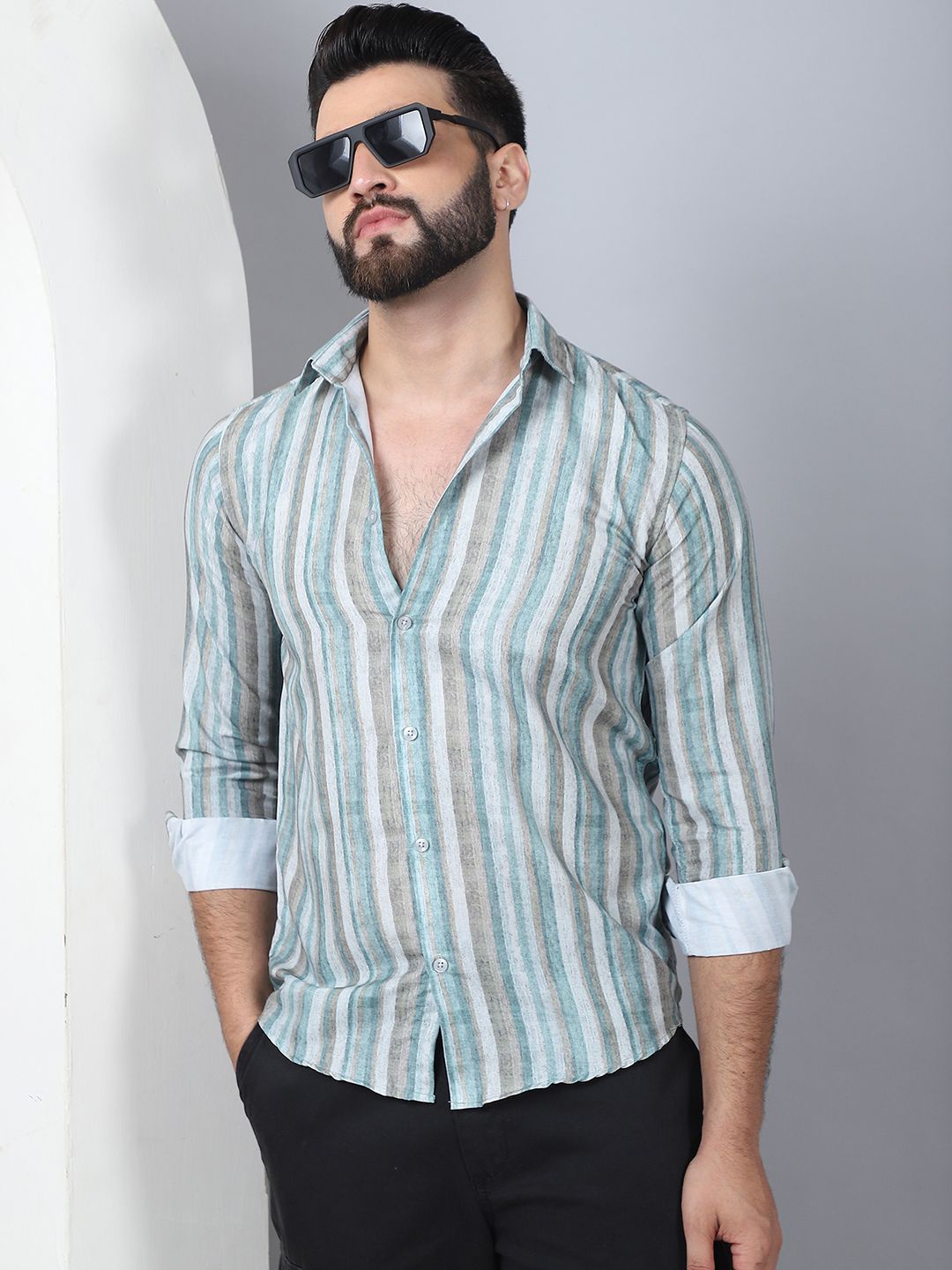 

Indian Needle Men Classic Striped Printed Casual Shirt, Green