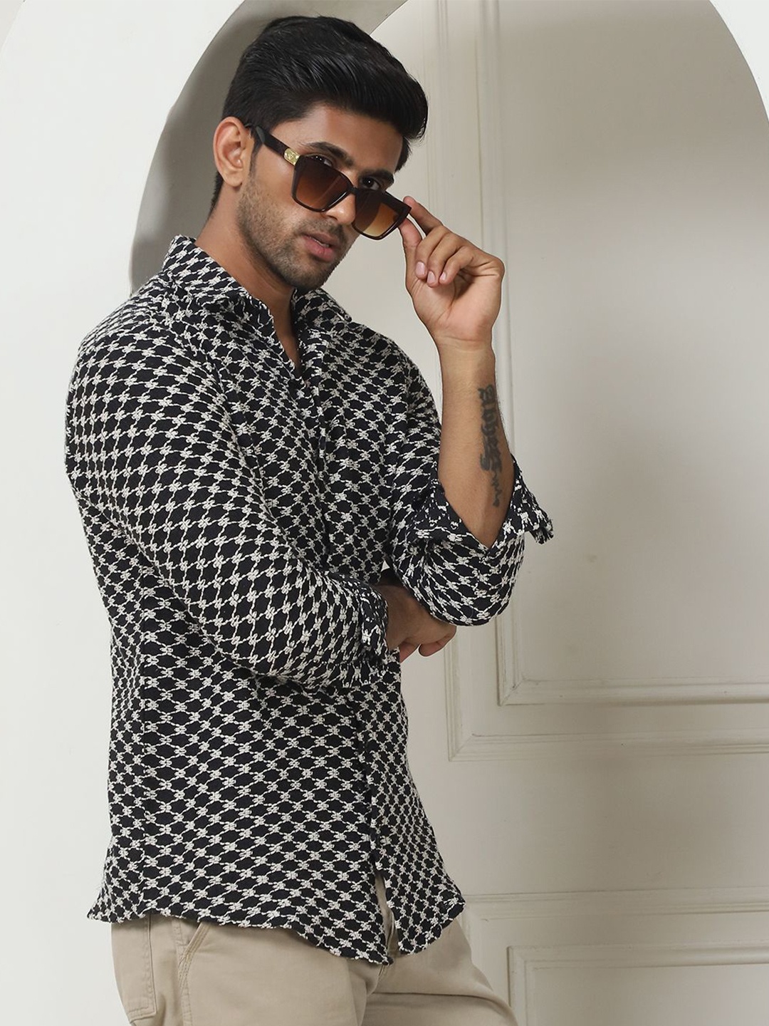 

Indian Needle Men Classic Opaque Cotton Checked Embroidered Casual Shirt, Black