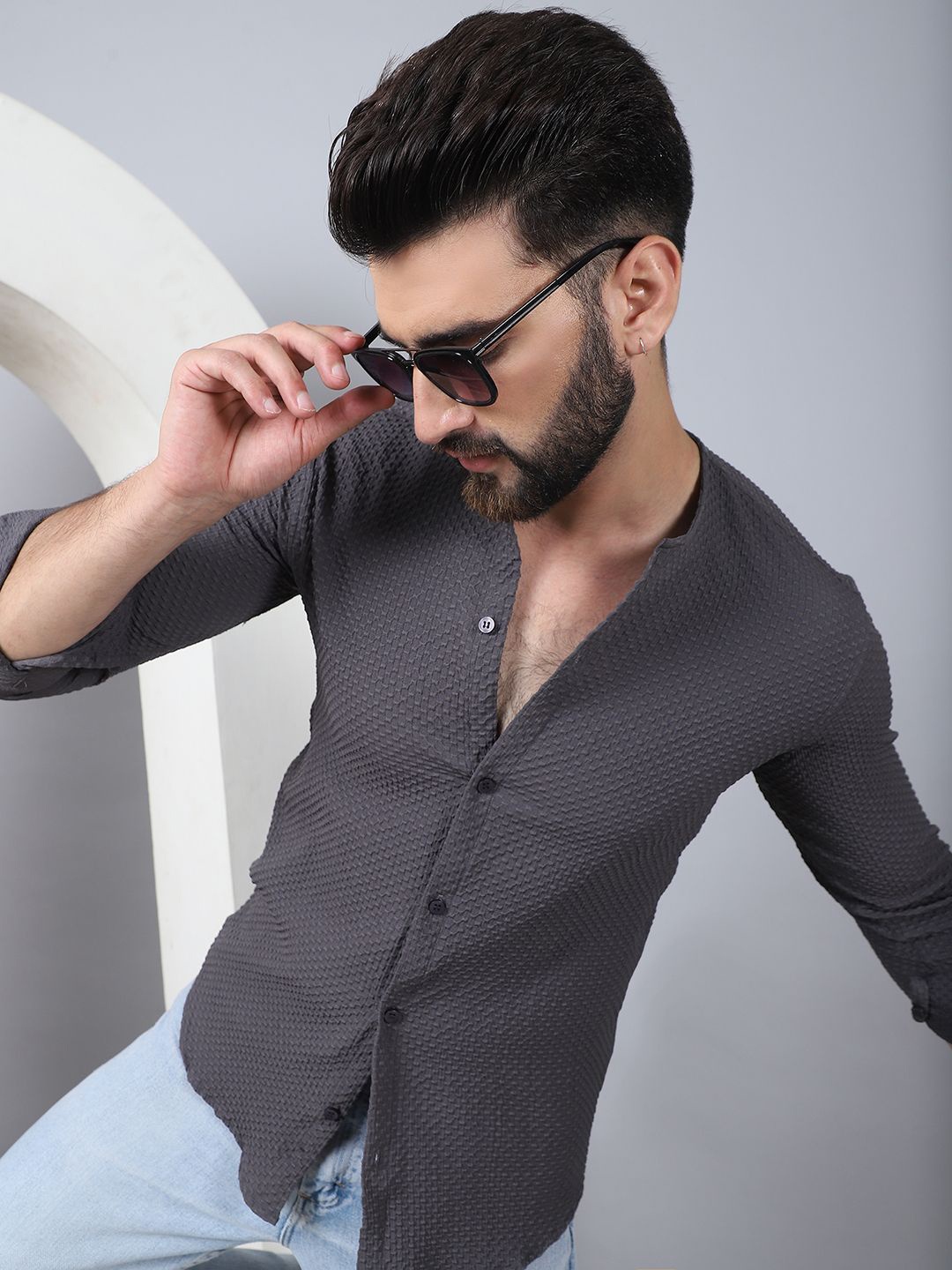 

Indian Needle Men Classic Opaque Printed Casual Shirt, Grey