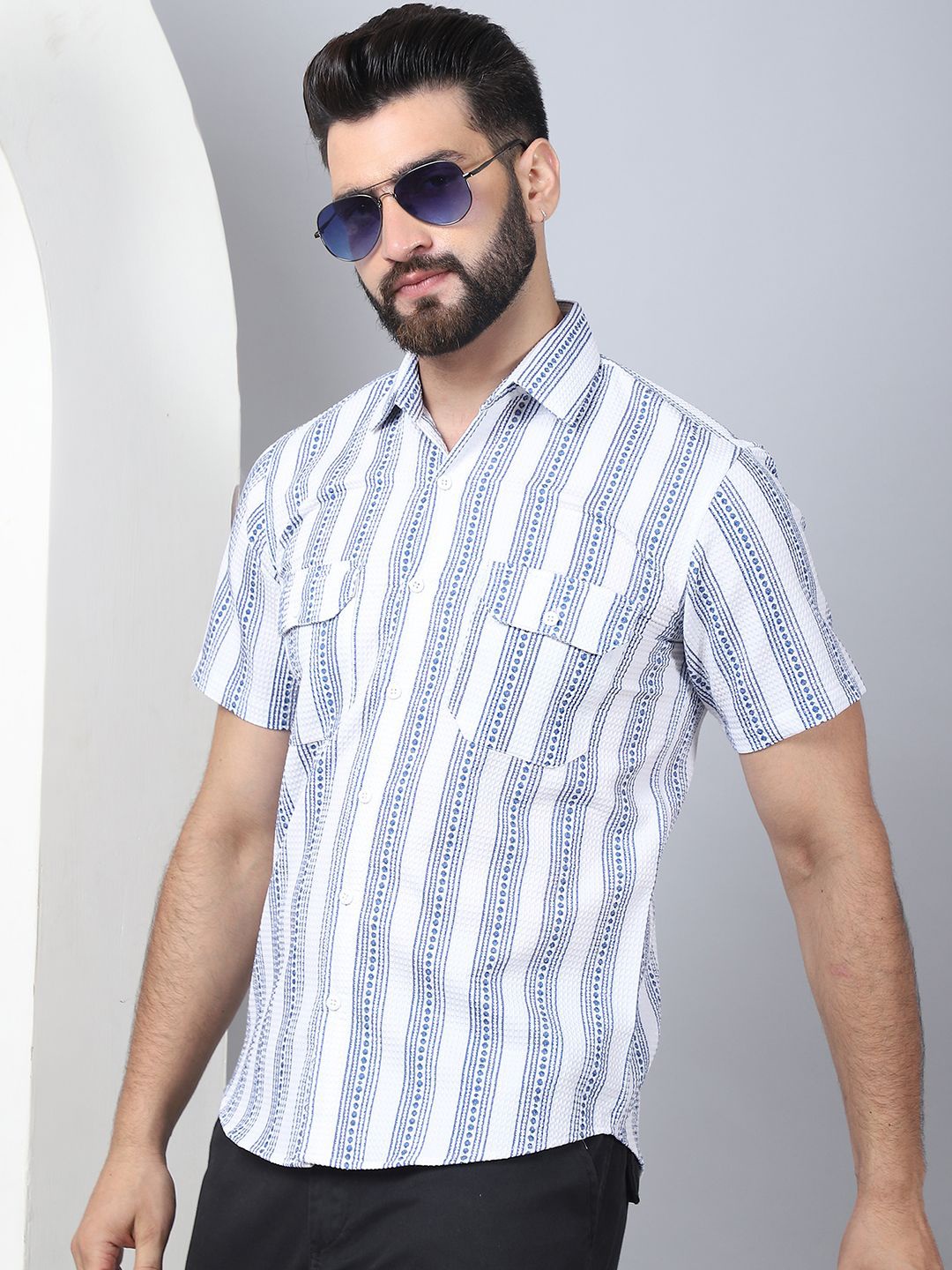 

Indian Needle Men Classic Opaque Striped Casual Shirt, White