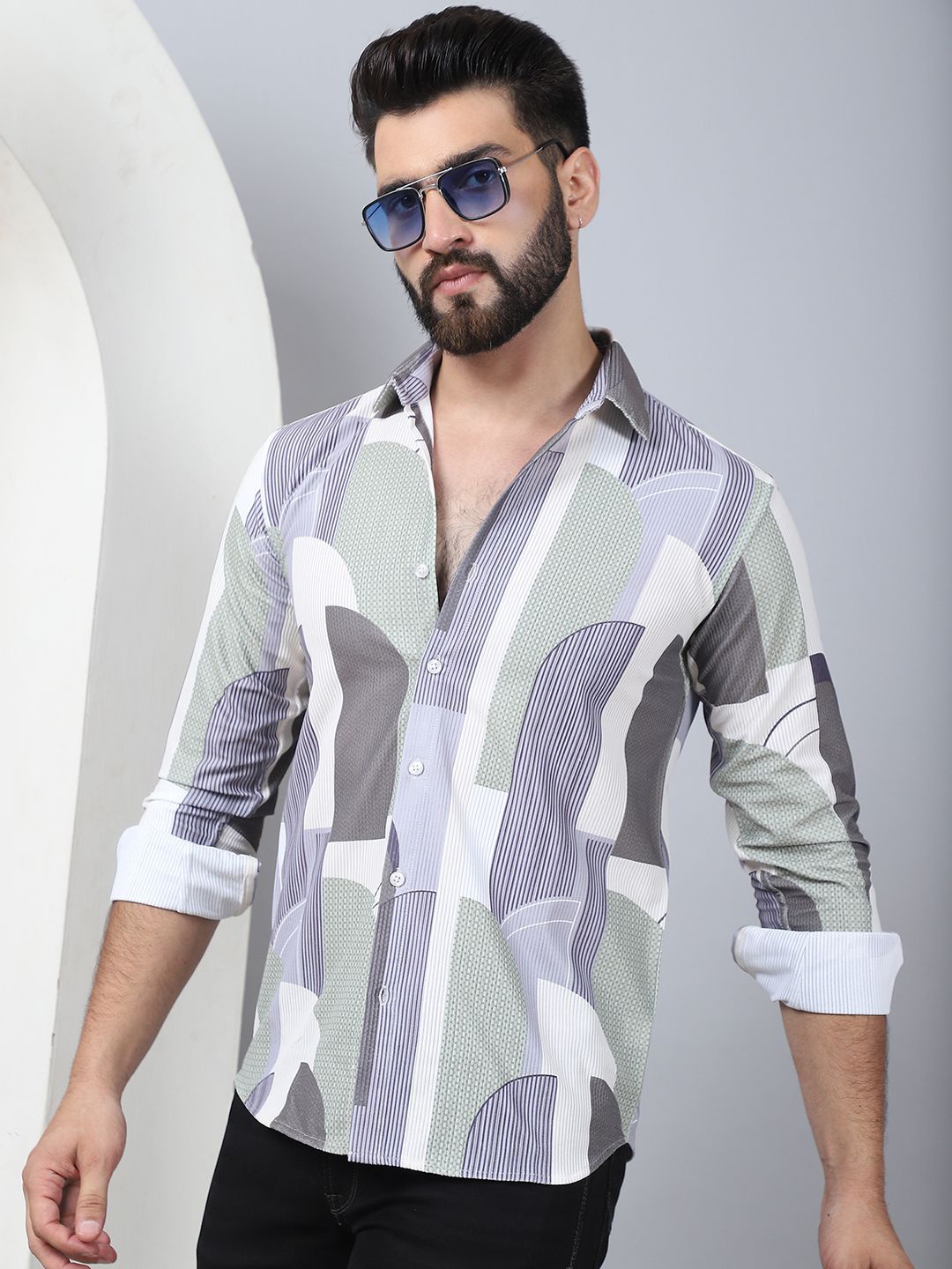 

Indian Needle Men Abstract Classic Opaque Casual Shirt, White