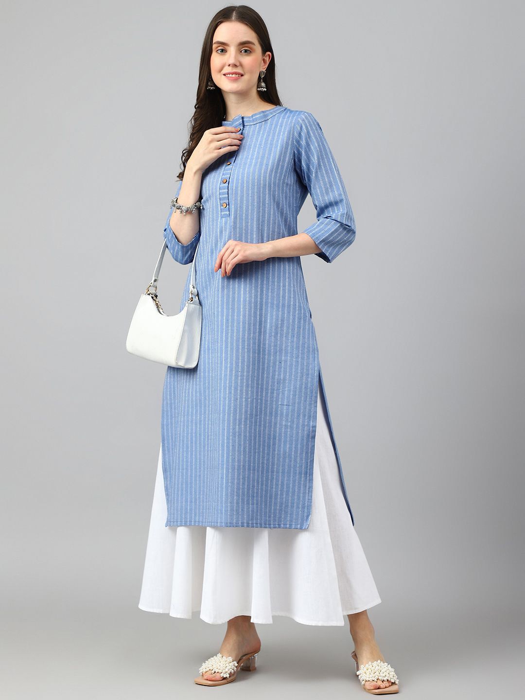 

KALINI Striped Thread Work Mandarin Collar Cotton Straight Kurta, Blue