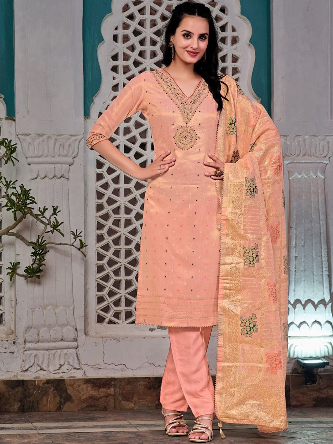 

KALINI Ethnic Motifs Embroidered V-Neck Sequinned Straight Kurta With Trousers & Dupatta, Peach