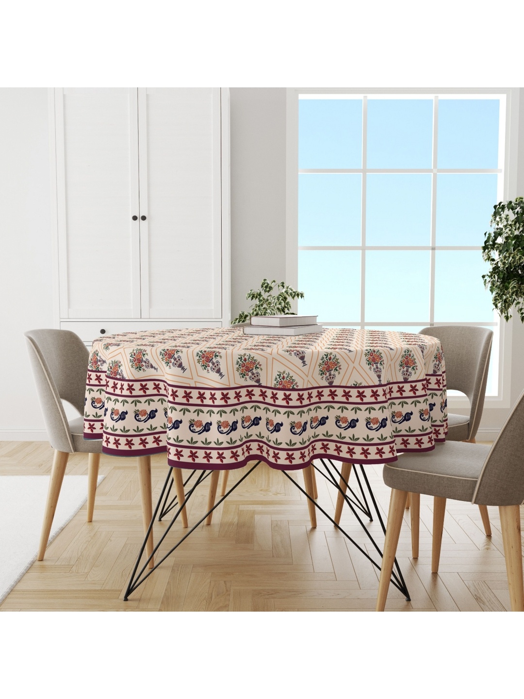 

Astitva Beige & Red Printed Anti Slip Cotton Round 4 Seater Table Cover