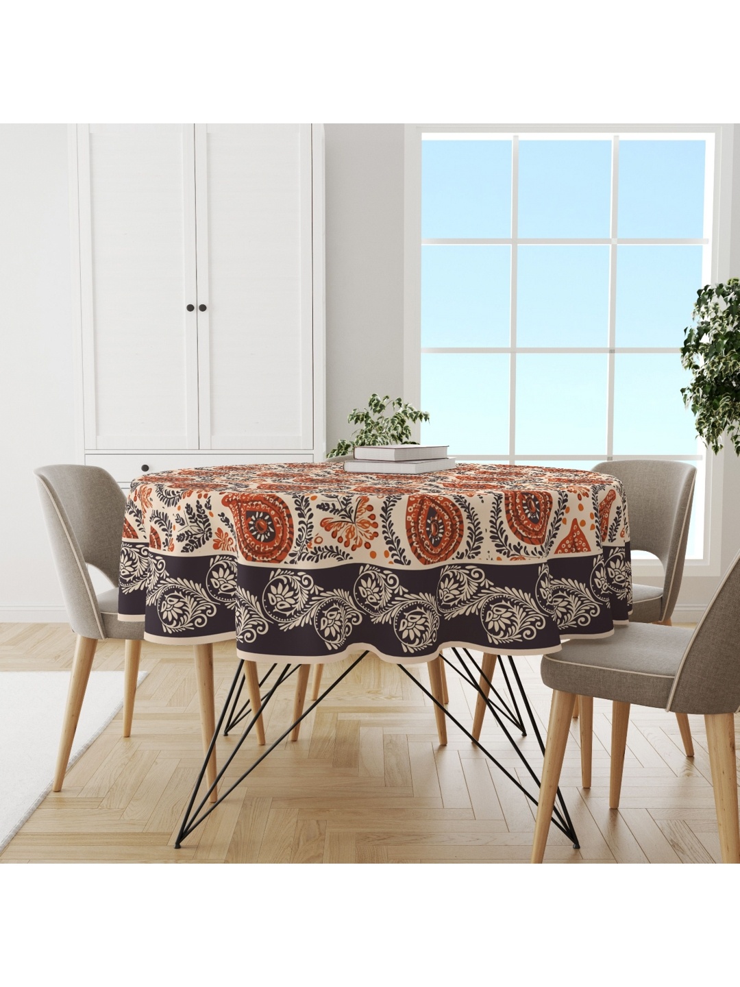

Astitva Beige & Brown Anti Slip Cotton Round 4 Seater Table Cover