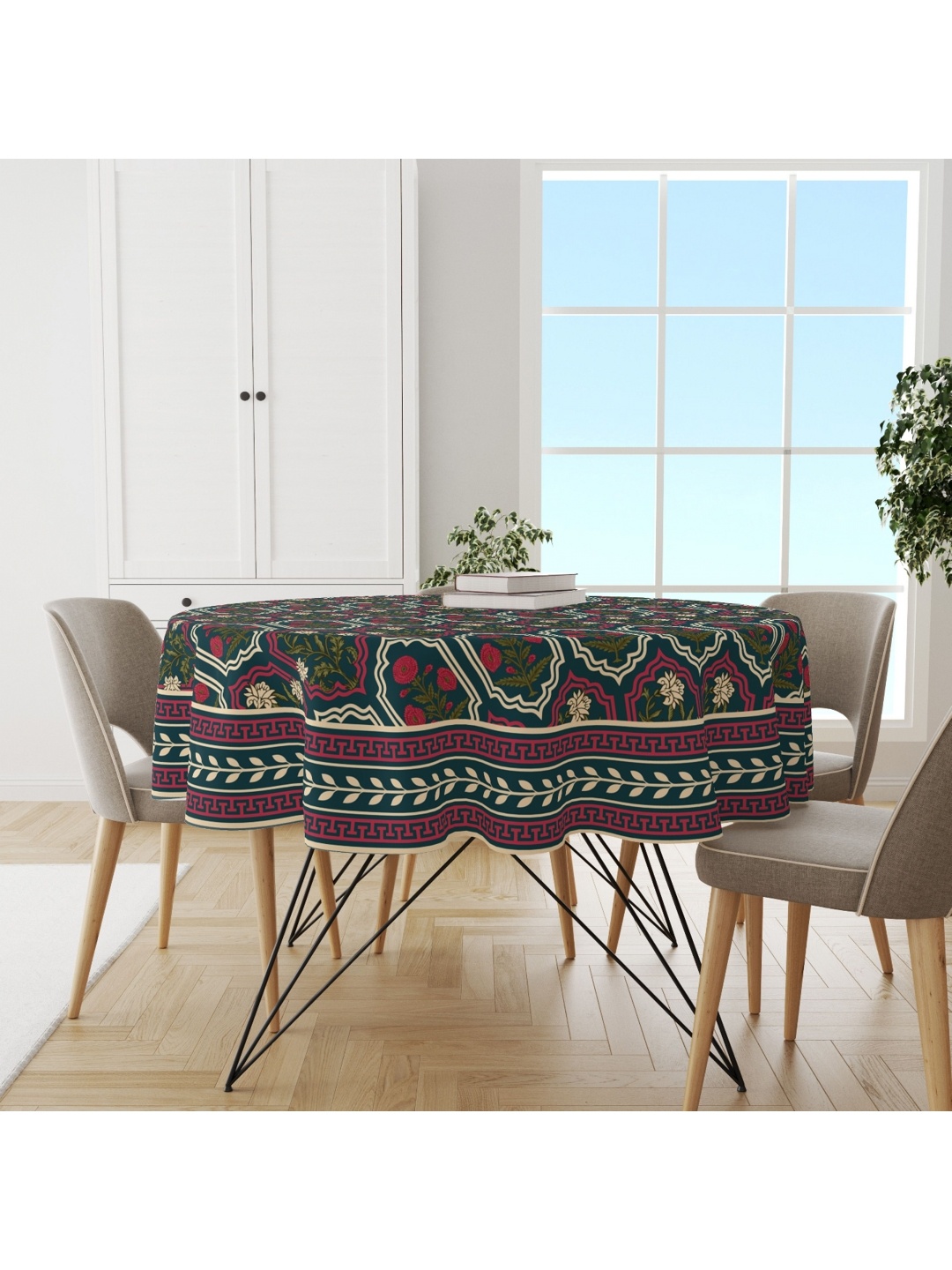 

Astitva Green & Beige Printed Anti Slip Cotton Round 4 Seater Table Cover